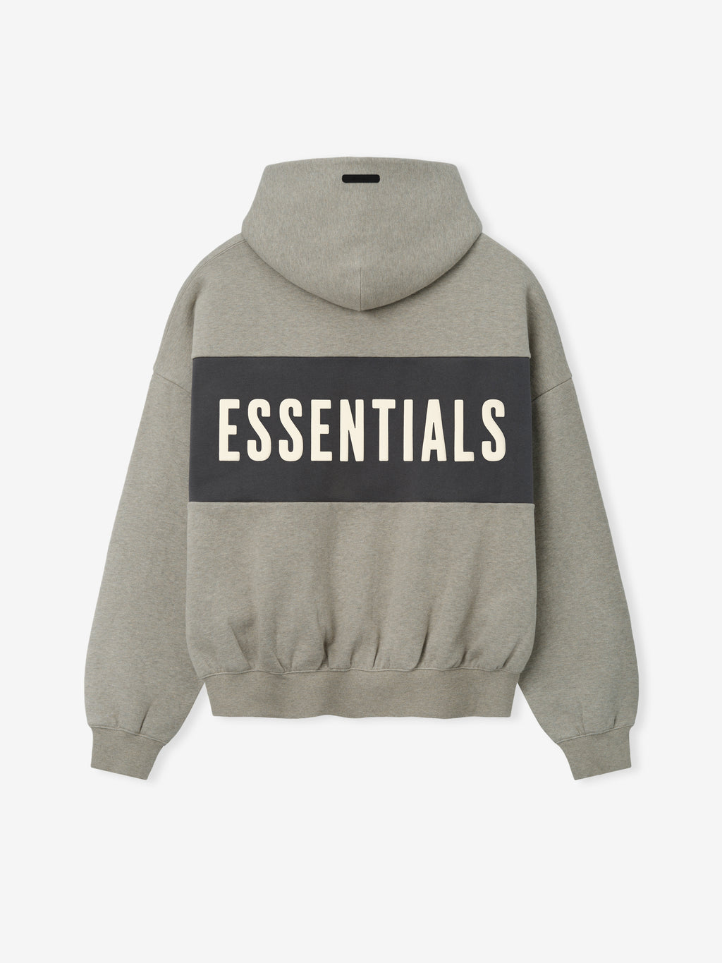 Cropped Relaxed Panelled Hoodie in a muted grey shade with a broad dark panel across the back showcasing large cream ESSENTIALS lettering, designed with ribbed cuffs and hem for comfort.