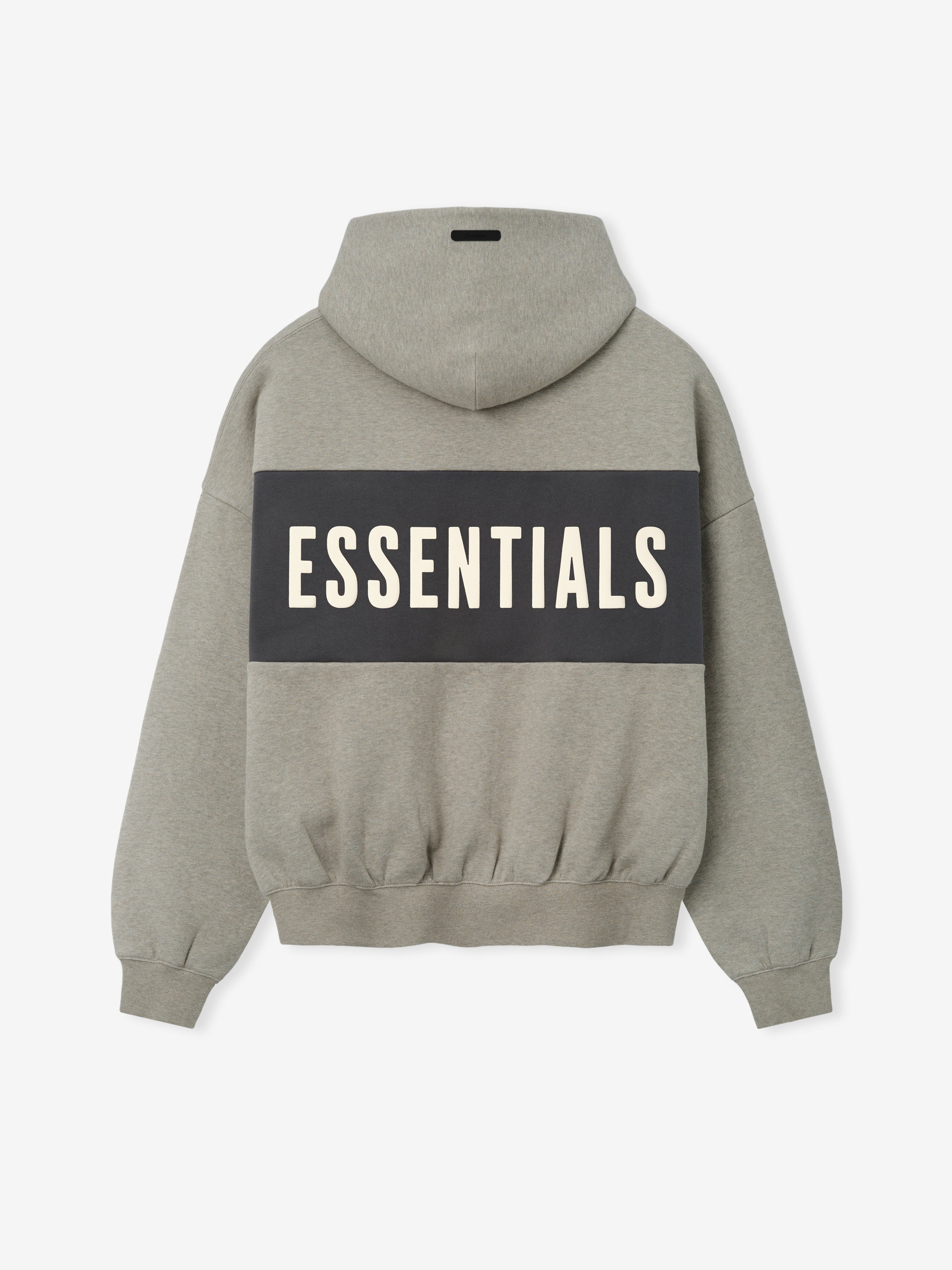 Cropped Relaxed Panelled Hoodie in a muted grey shade with a broad dark panel across the back showcasing large cream ESSENTIALS lettering, designed with ribbed cuffs and hem for comfort.
