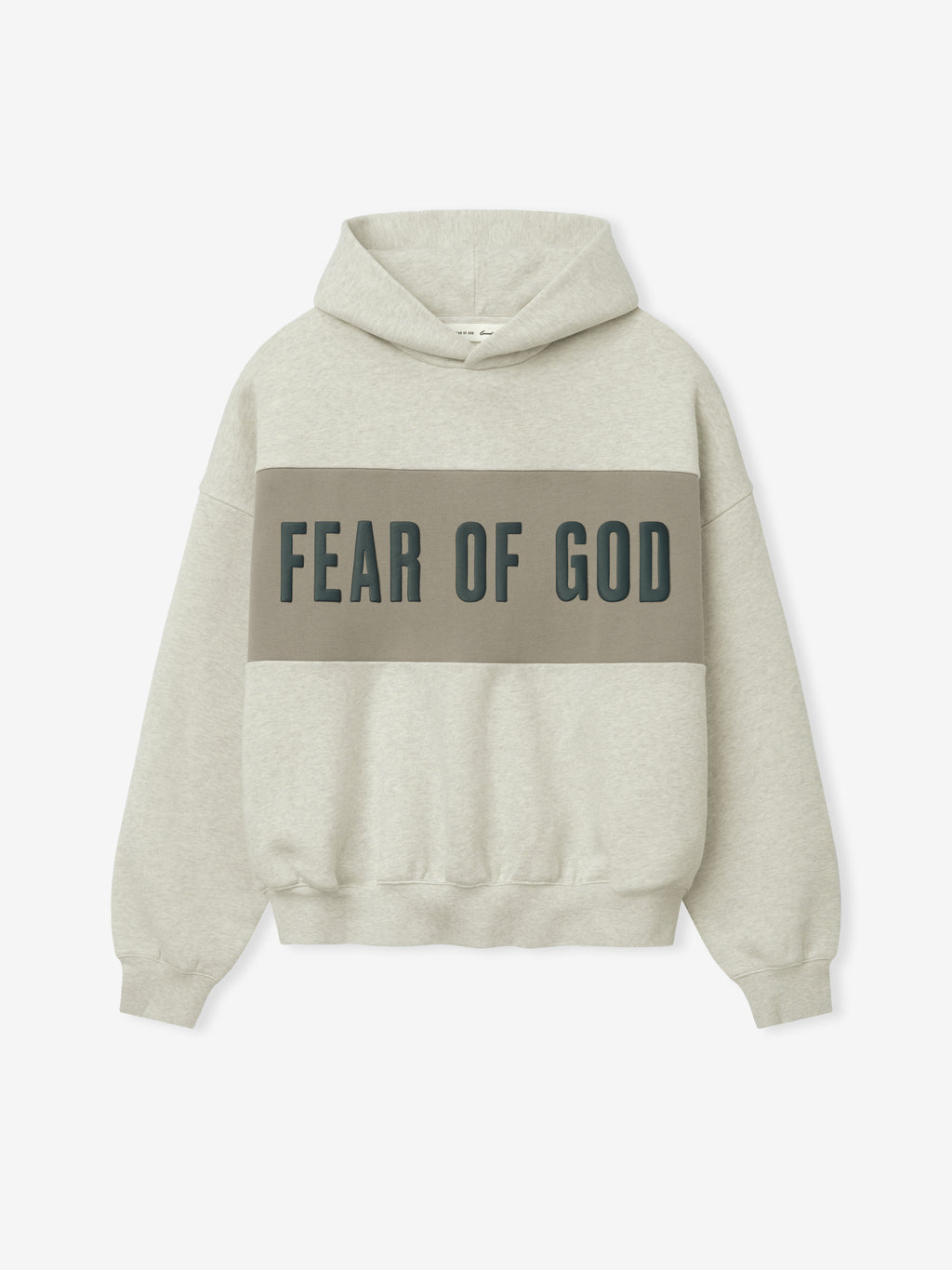 Cropped Relaxed Panelled Hoodie in a light beige tone with a wide muted olive panel across the chest featuring bold Fear of God lettering, designed with ribbed cuffs and hem for a relaxed fit.