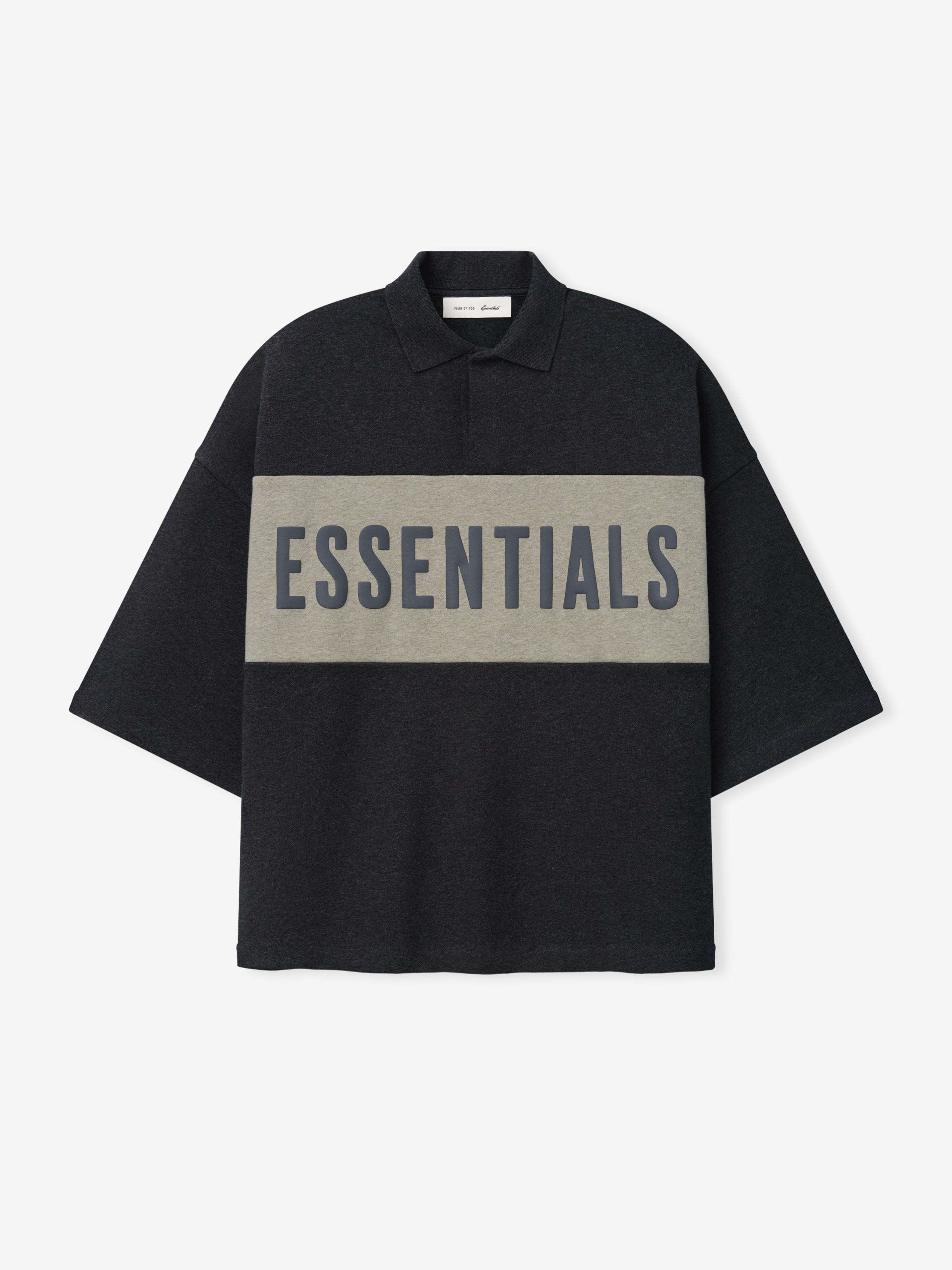 Cropped Panelled Polo in dark grey featuring a wide contrasting horizontal panel with bold lettering, designed with a classic collar and a loose, boxy fit for casual tops.