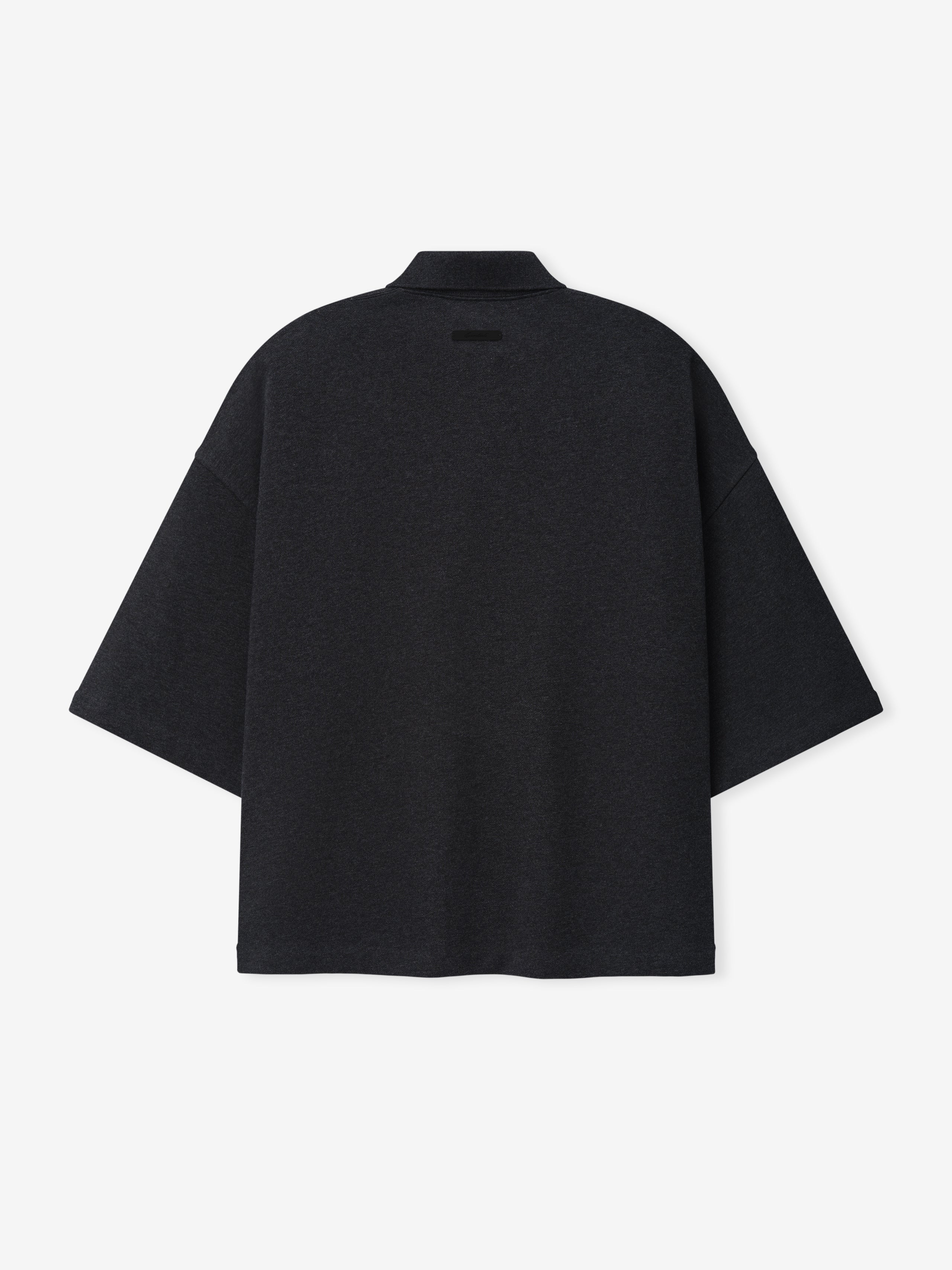 Cropped Panelled Polo in a deep charcoal shade, featuring an oversized silhouette with dropped shoulders and short sleeves, crafted from a soft fabric for a modern casual top.
