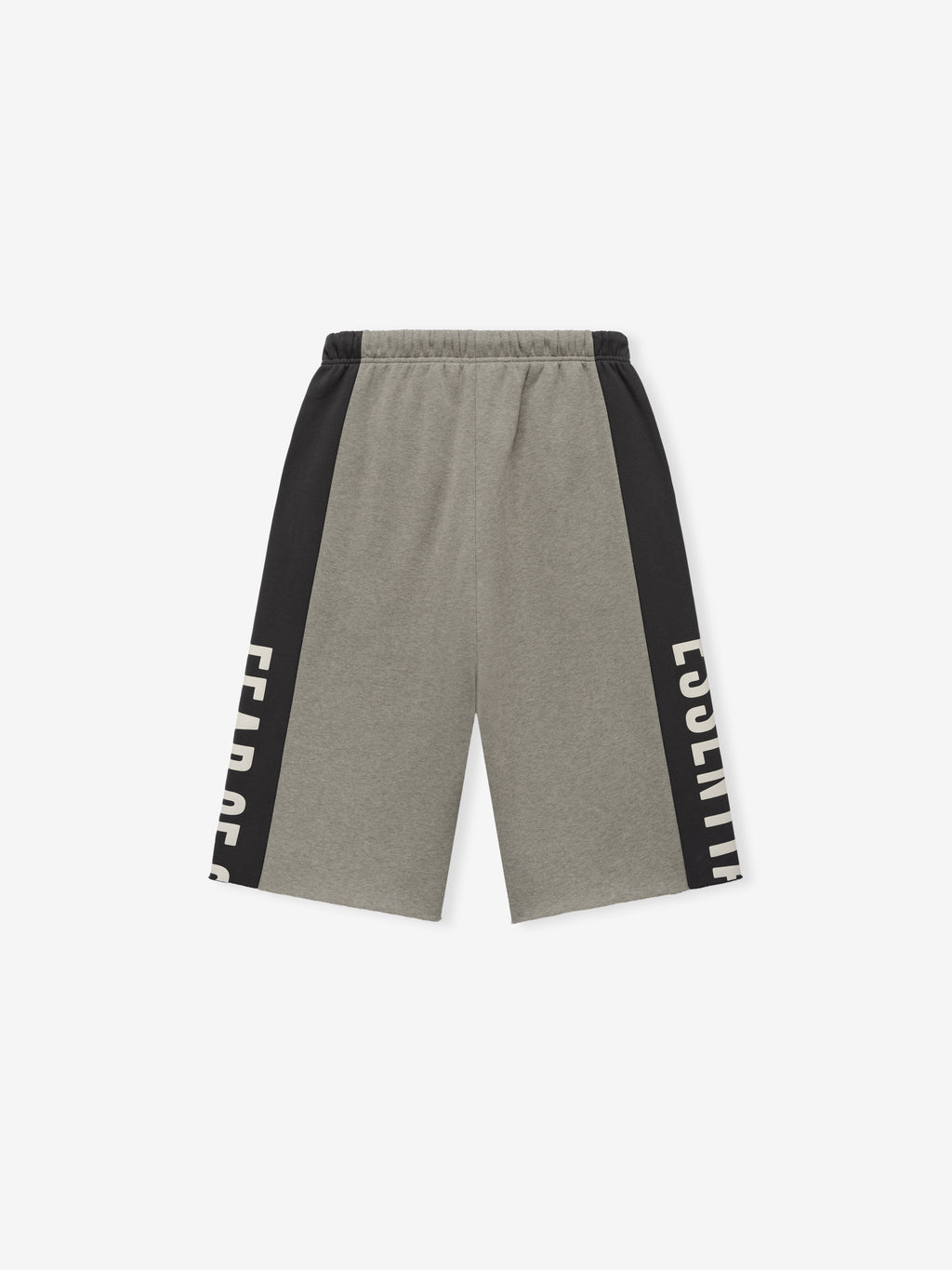 Panelled Raw Cut Off Sweatpant featuring muted grey fabric with contrasting black side panels displaying bold cream lettering, designed with an elastic waistband for casual bottoms.