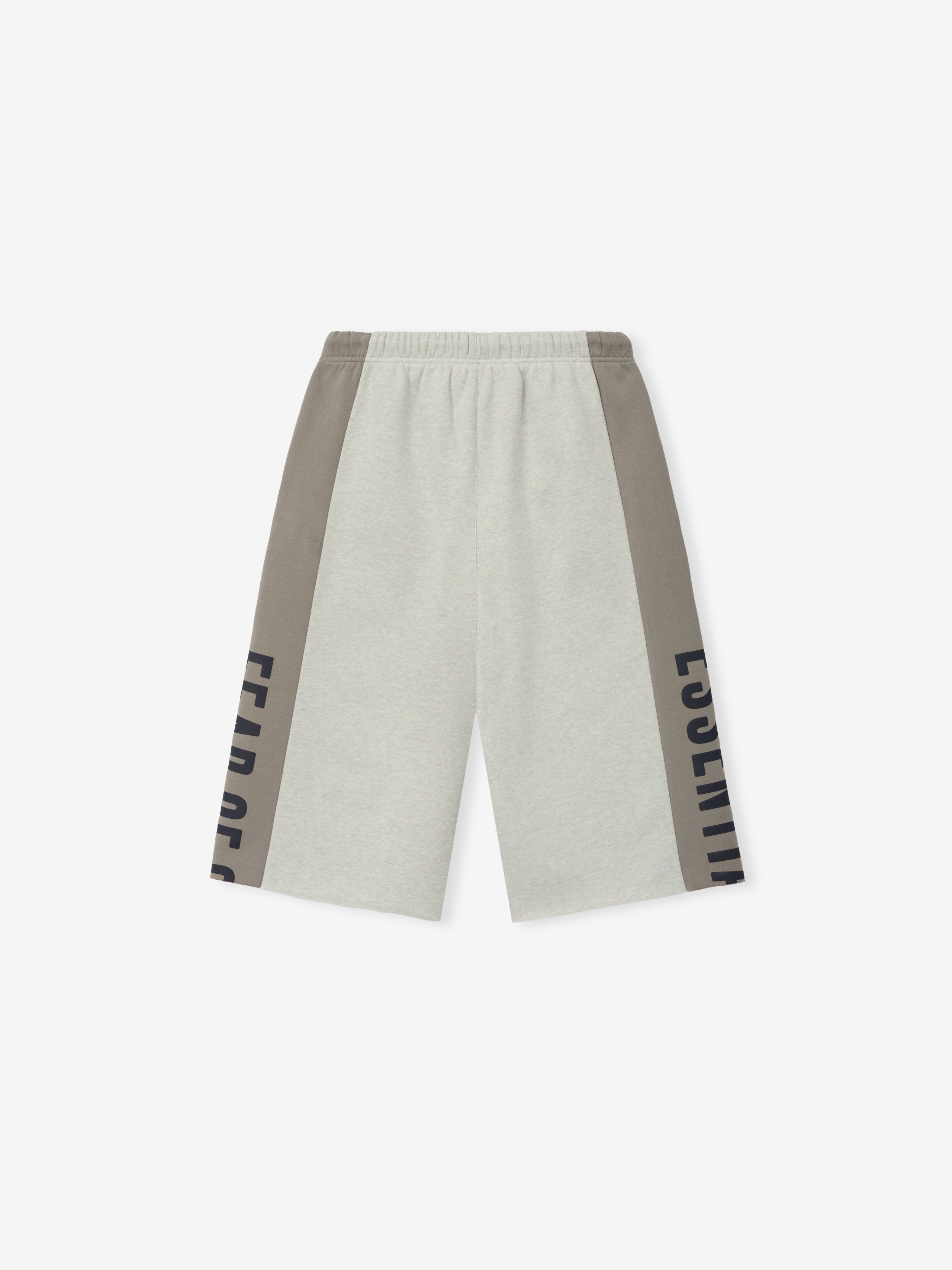 Panelled Raw Cut Off Sweatpant featuring a light heather body with contrasting muted seal side panels, elastic waistband, and bold black lettering along the legs for a stylish casual bottom.