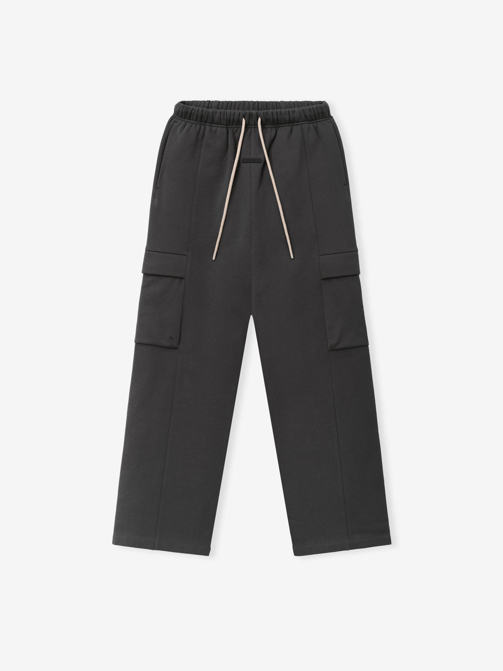 Fleece Cargo Field Pant in dark iron grey with an elastic waistband, beige drawstrings, and spacious cargo pockets on the sides for a comfortable and functional bottoms choice.