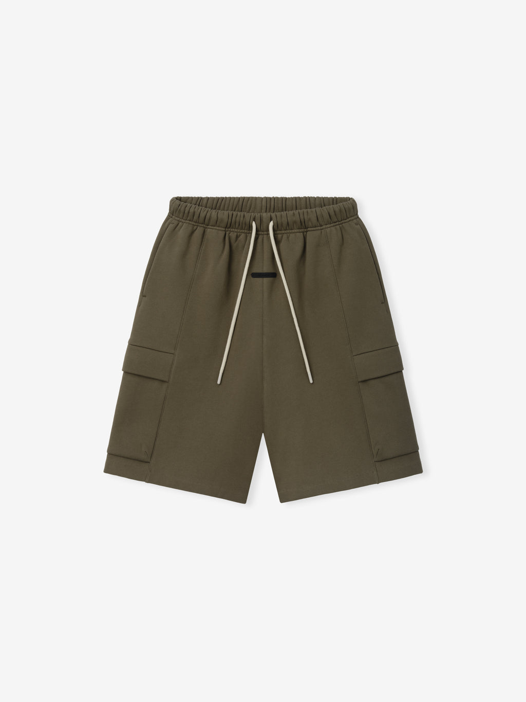 Fleece Cargo Basketball Short in muted moss green with an elastic waistband, beige drawstrings, and spacious side cargo pockets designed for comfortable and functional bottoms.