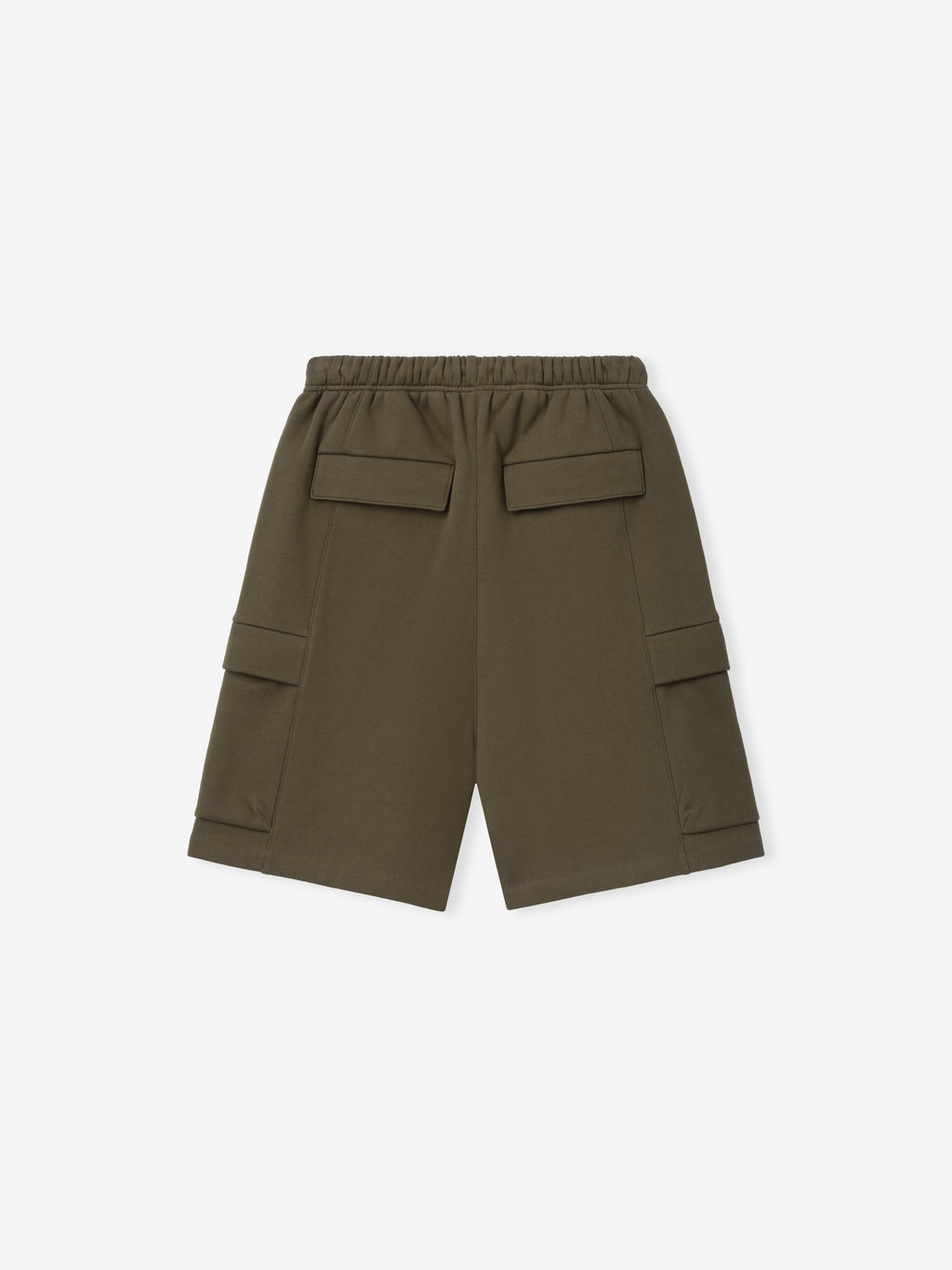 Fleece Cargo Basketball Short in olive green featuring an elastic waistband and multiple flap pockets for a practical and comfortable bottoms option.