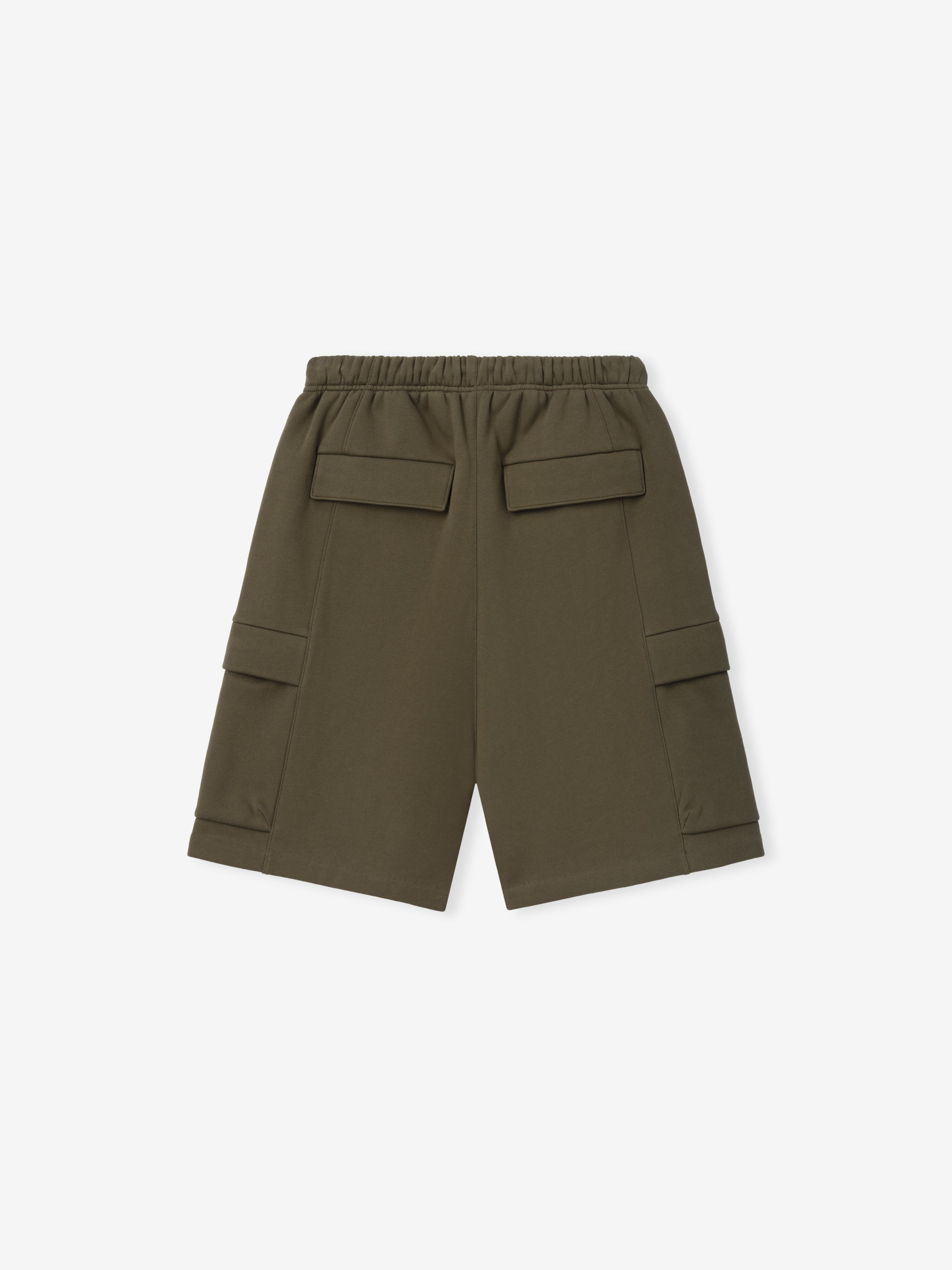 Fleece Cargo Basketball Short in olive green featuring an elastic waistband and multiple flap pockets for a practical and comfortable bottoms option.