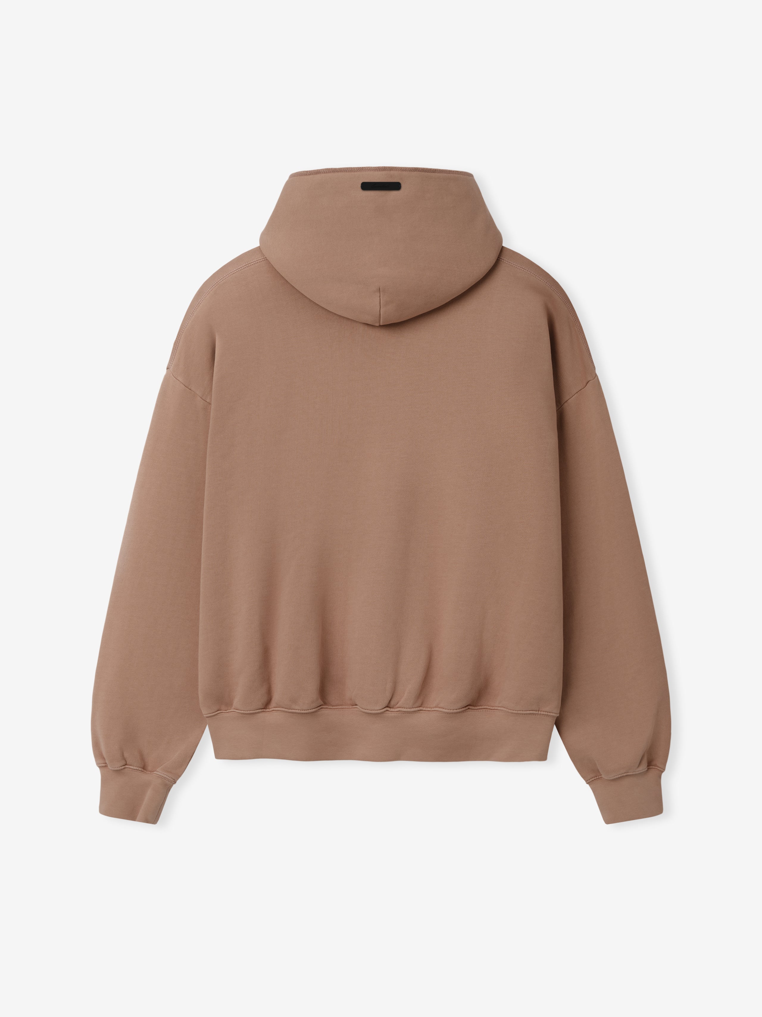 90s Hoodie in a warm washed ginger color shown from the back, featuring a relaxed fit with dropped shoulders, long sleeves, ribbed cuffs and hem, and a cozy attached hood.