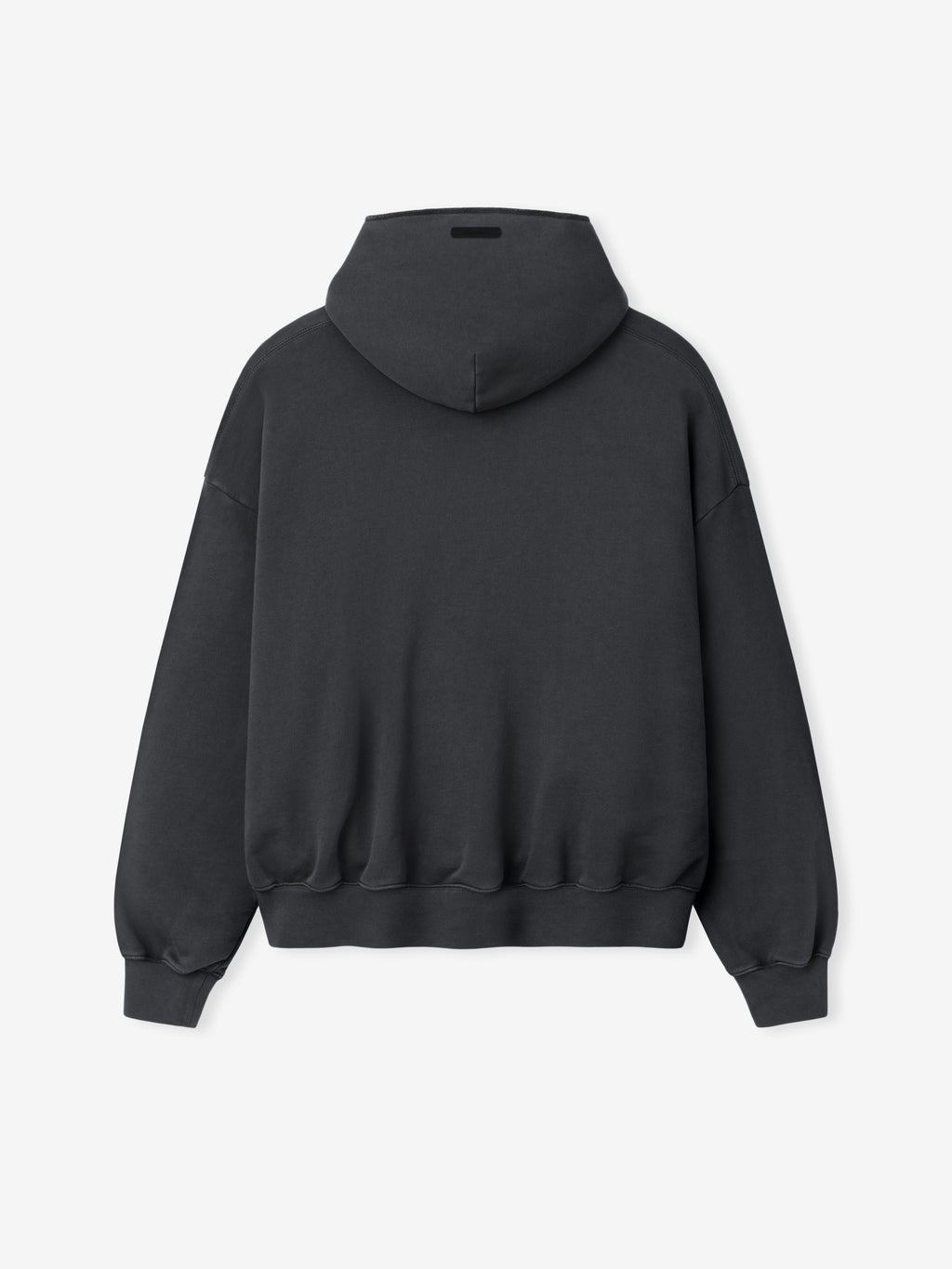 90s Hoodie in a washed dark grey tone shown from the back, featuring a relaxed fit, dropped shoulders, long sleeves, ribbed cuffs and hem, and an attached hood for casual outerwear.