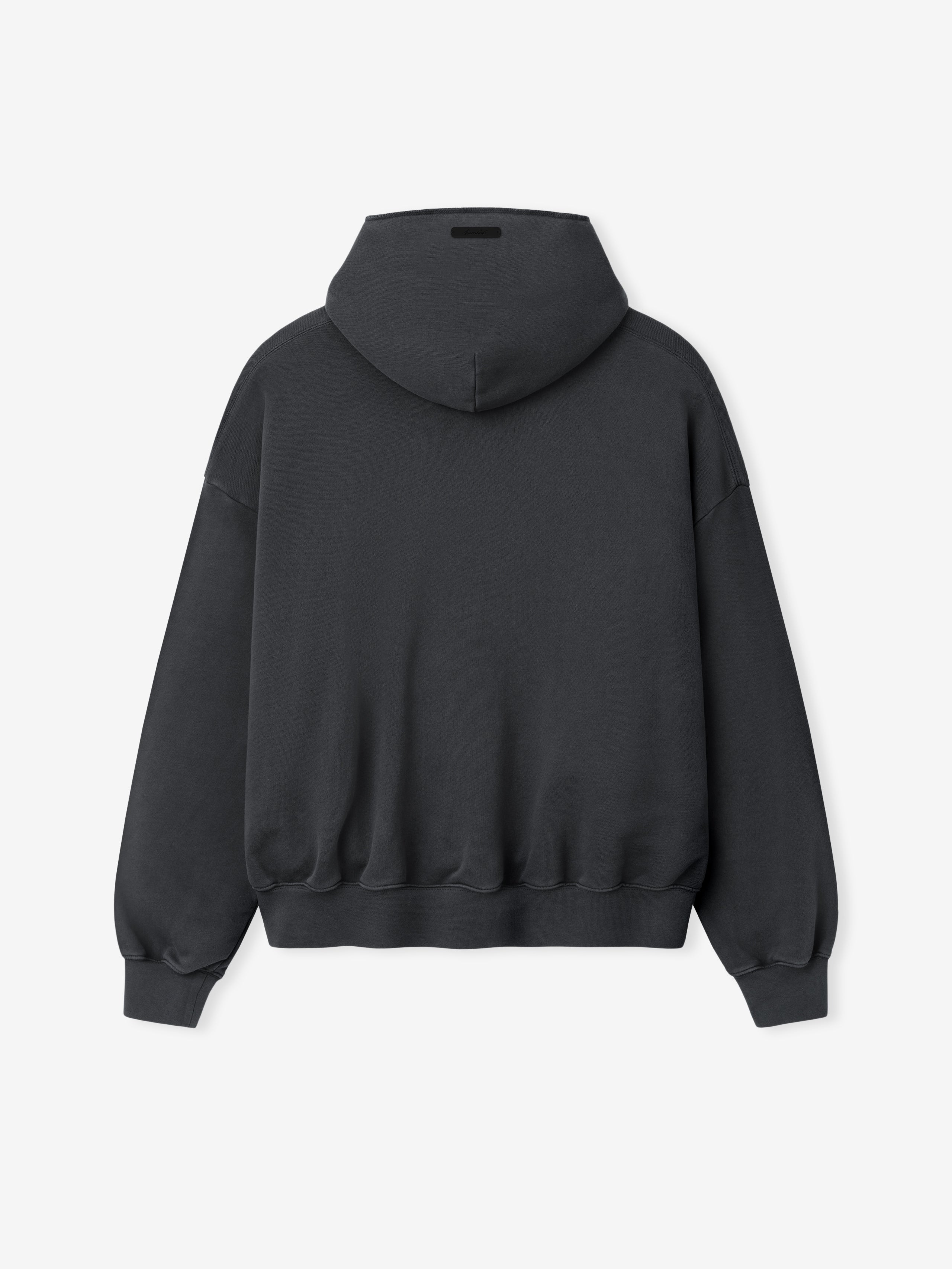 90s Hoodie in a washed dark grey tone shown from the back, featuring a relaxed fit, dropped shoulders, long sleeves, ribbed cuffs and hem, and an attached hood for casual outerwear.