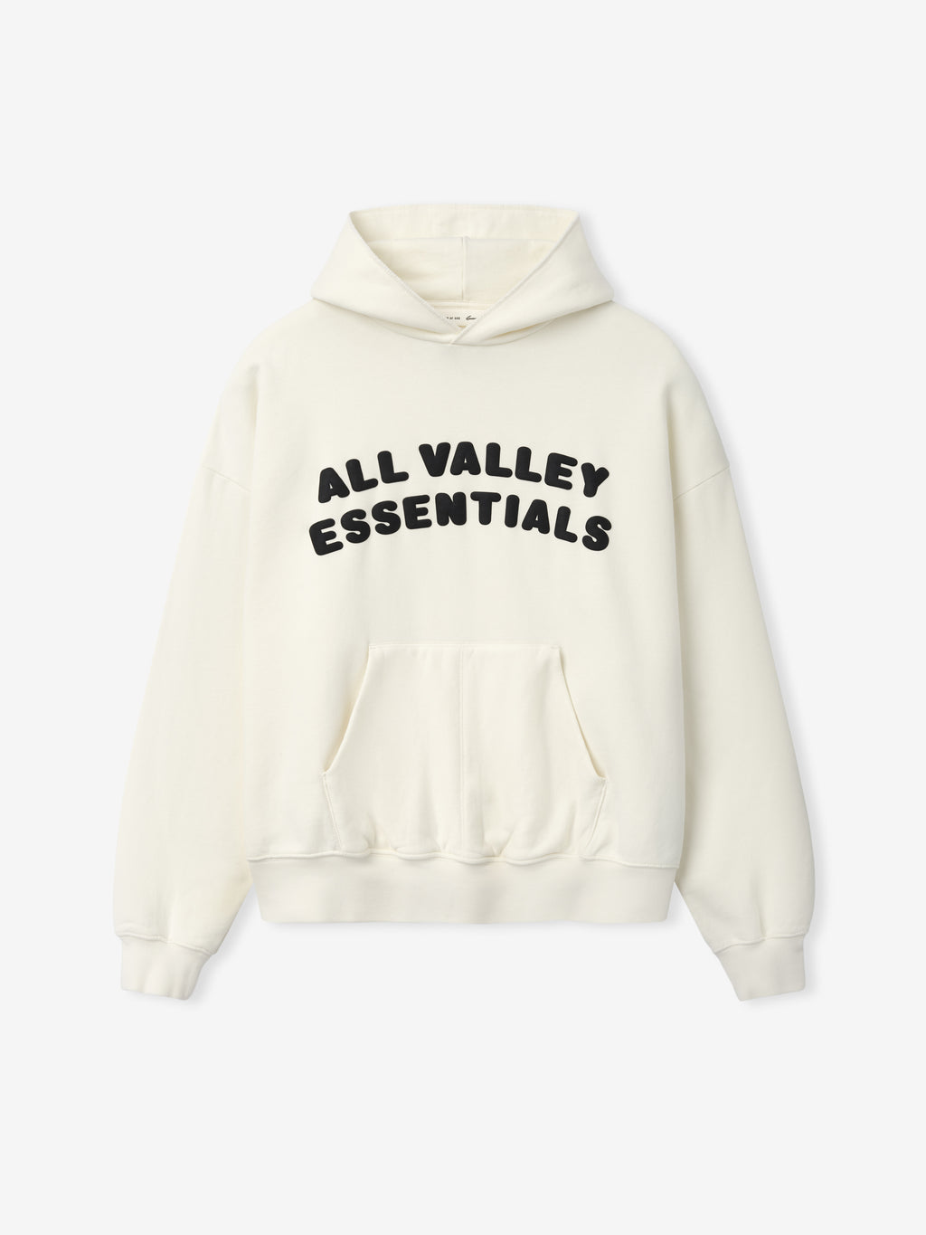 90s Hoodie in a soft off-white shade with bold black "ALL VALLEY ESSENTIALS" text across the chest, featuring a roomy kangaroo pocket, ribbed cuffs, and a cozy attached hood.