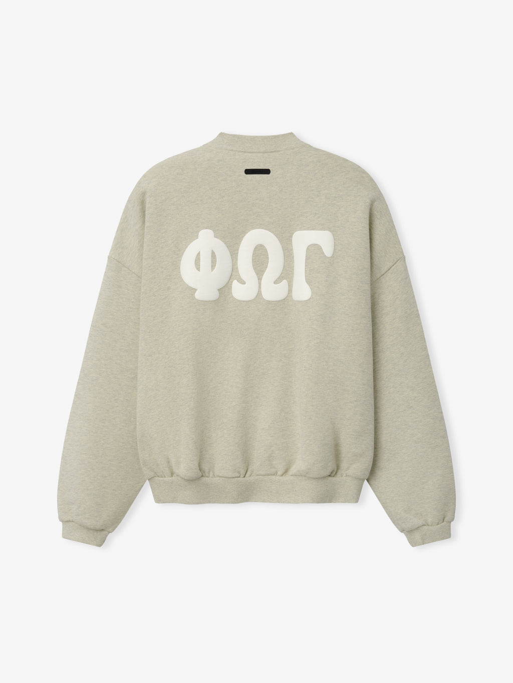 90s Sweatshirt in a soft washed light beige tone featuring a relaxed fit, dropped shoulders, ribbed cuffs and hem, and bold Greek letter detailing across the back for a casual top.
