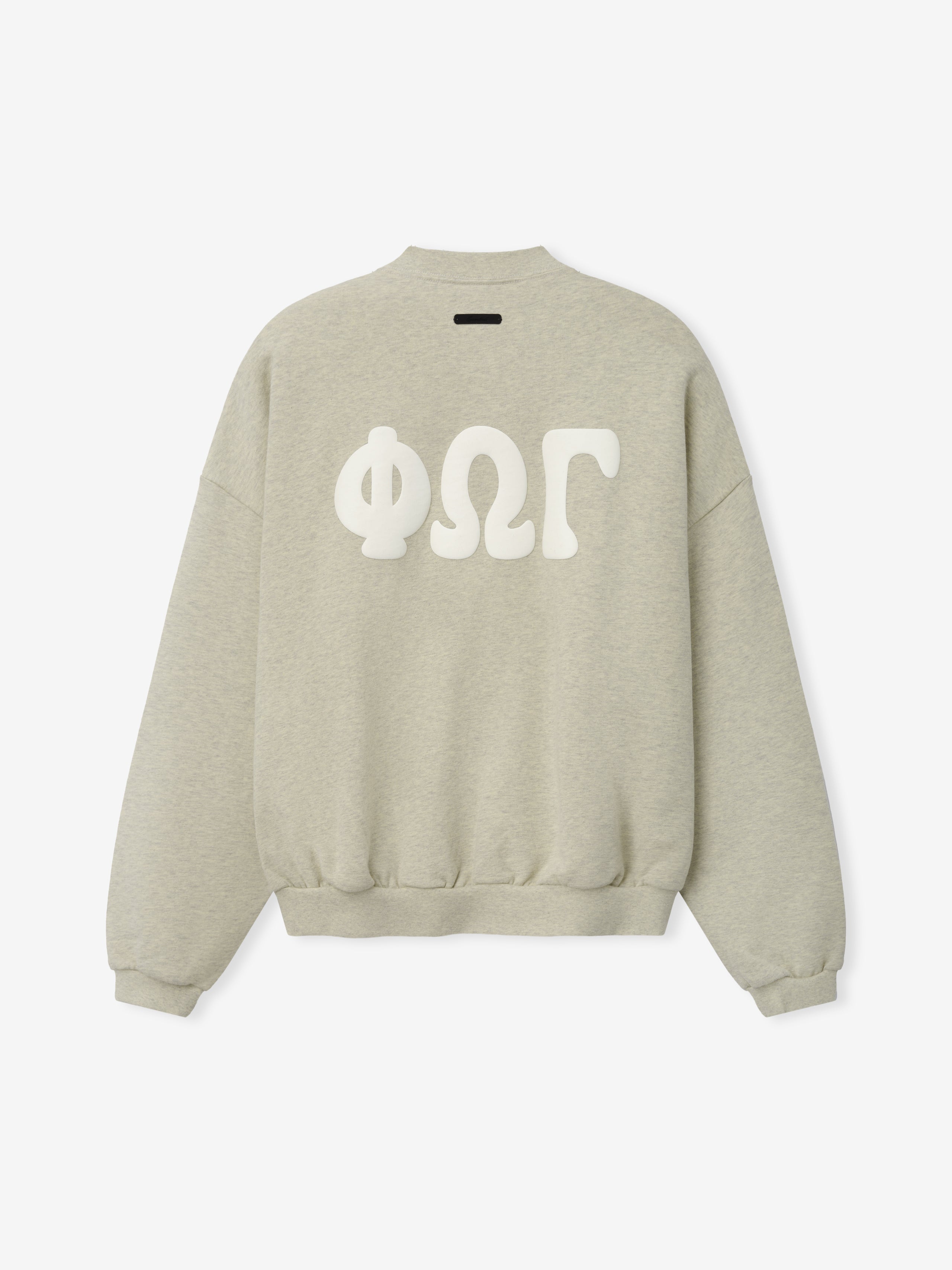90s Sweatshirt in a soft washed light beige tone featuring a relaxed fit, dropped shoulders, ribbed cuffs and hem, and bold Greek letter detailing across the back for a casual top.