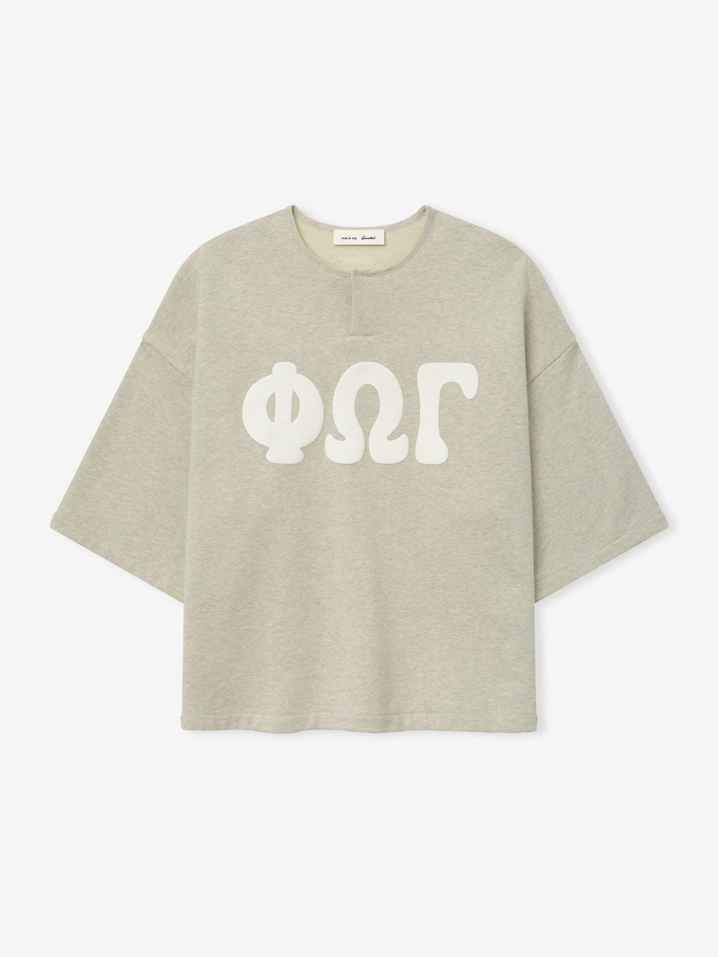 Front view of a washed vanilla heather 3/4 Henley Sweatshirt with wide sleeves, a relaxed fit, and large white Greek letters printed across the chest.