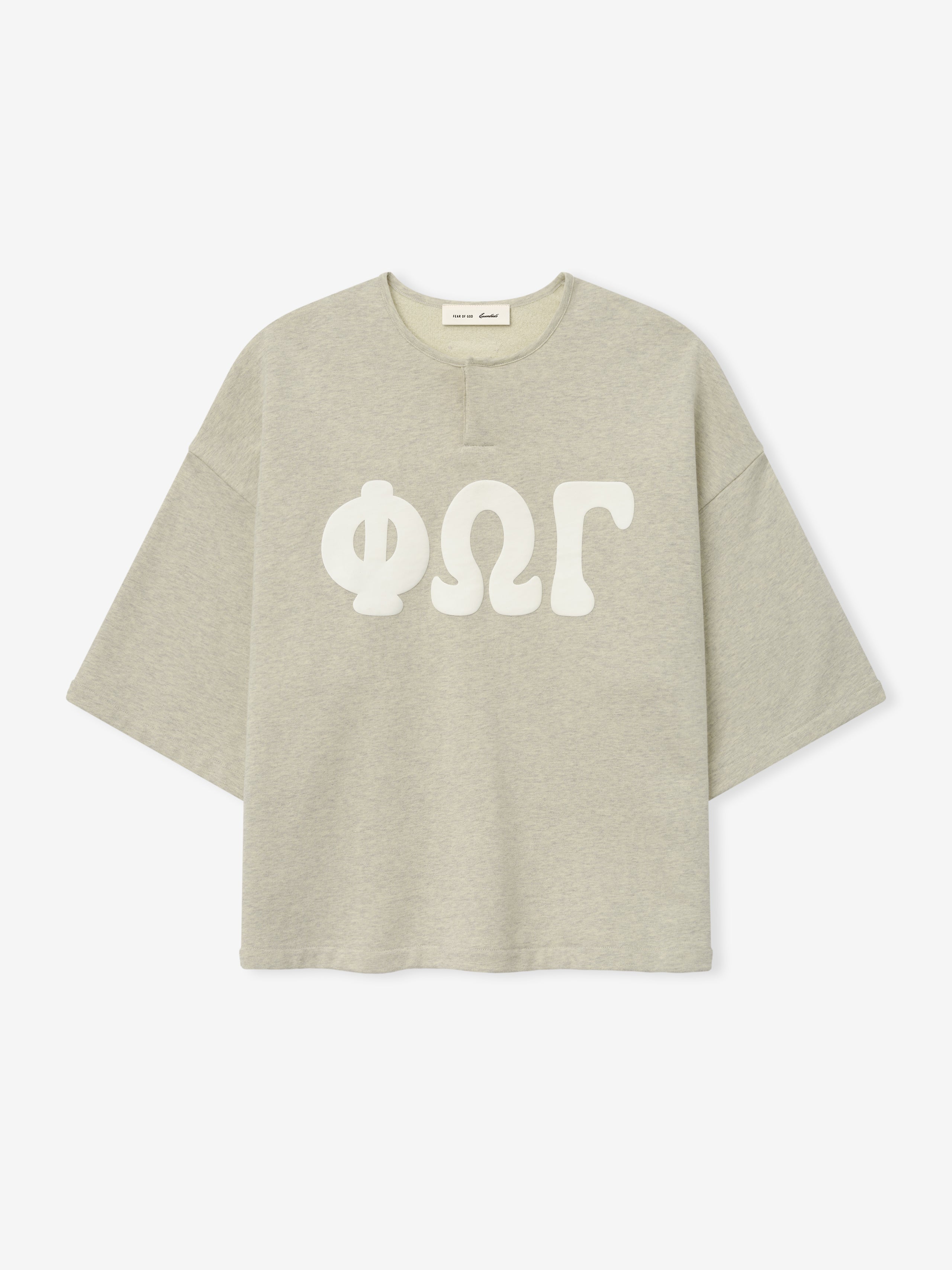 Front view of a washed vanilla heather 3/4 Henley Sweatshirt with wide sleeves, a relaxed fit, and large white Greek letters printed across the chest.