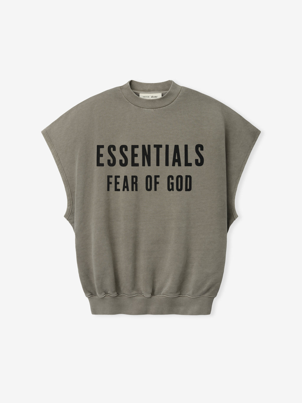 Relaxed Fleece Cutoff Sweatshirt in a washed seal green shade, featuring bold black Essentials Fear of God lettering, sleeveless design, and ribbed hem for a casual streetwear top.