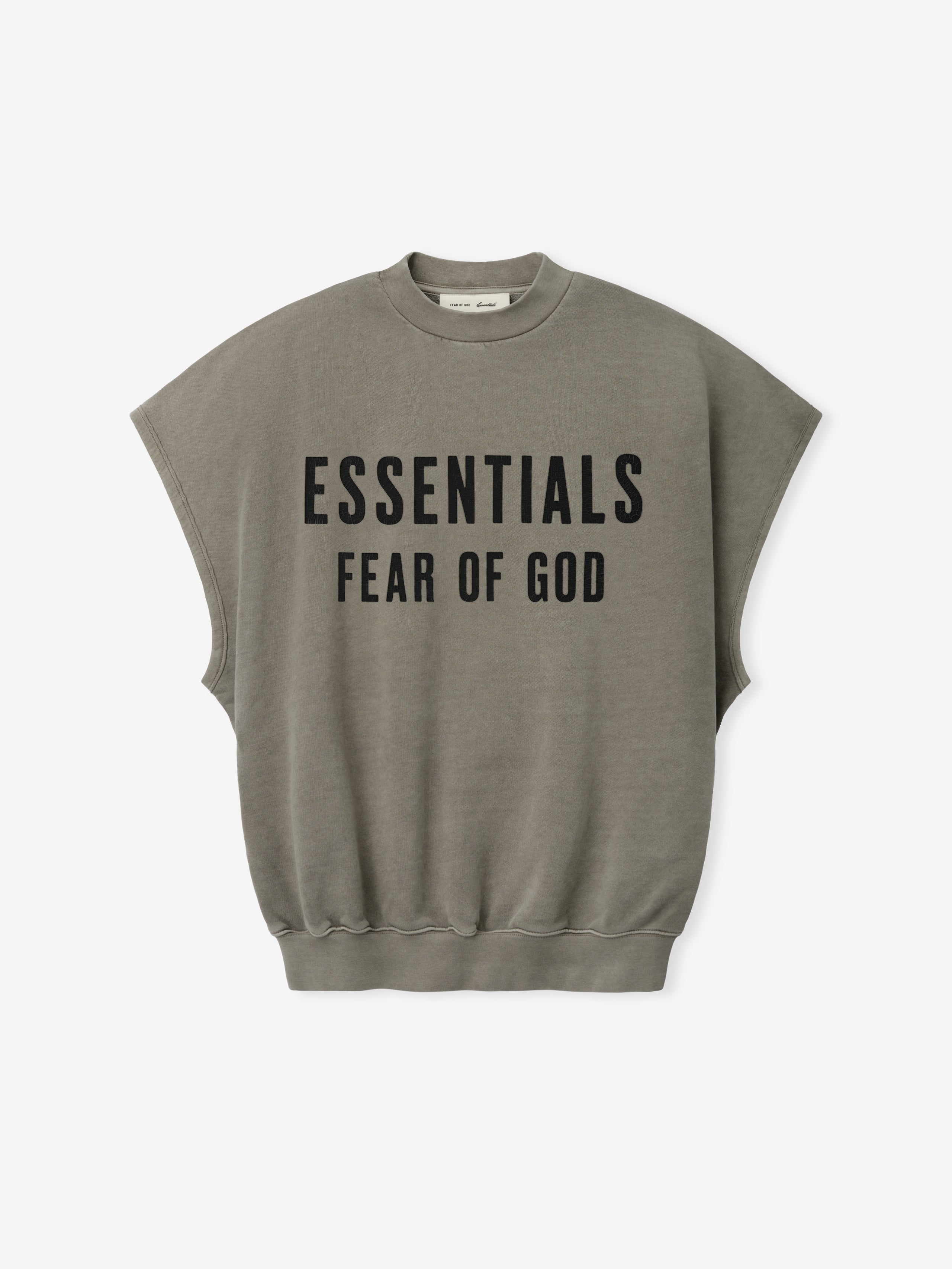 Relaxed Fleece Cutoff Sweatshirt in a washed seal green shade, featuring bold black Essentials Fear of God lettering, sleeveless design, and ribbed hem for a casual streetwear top.
