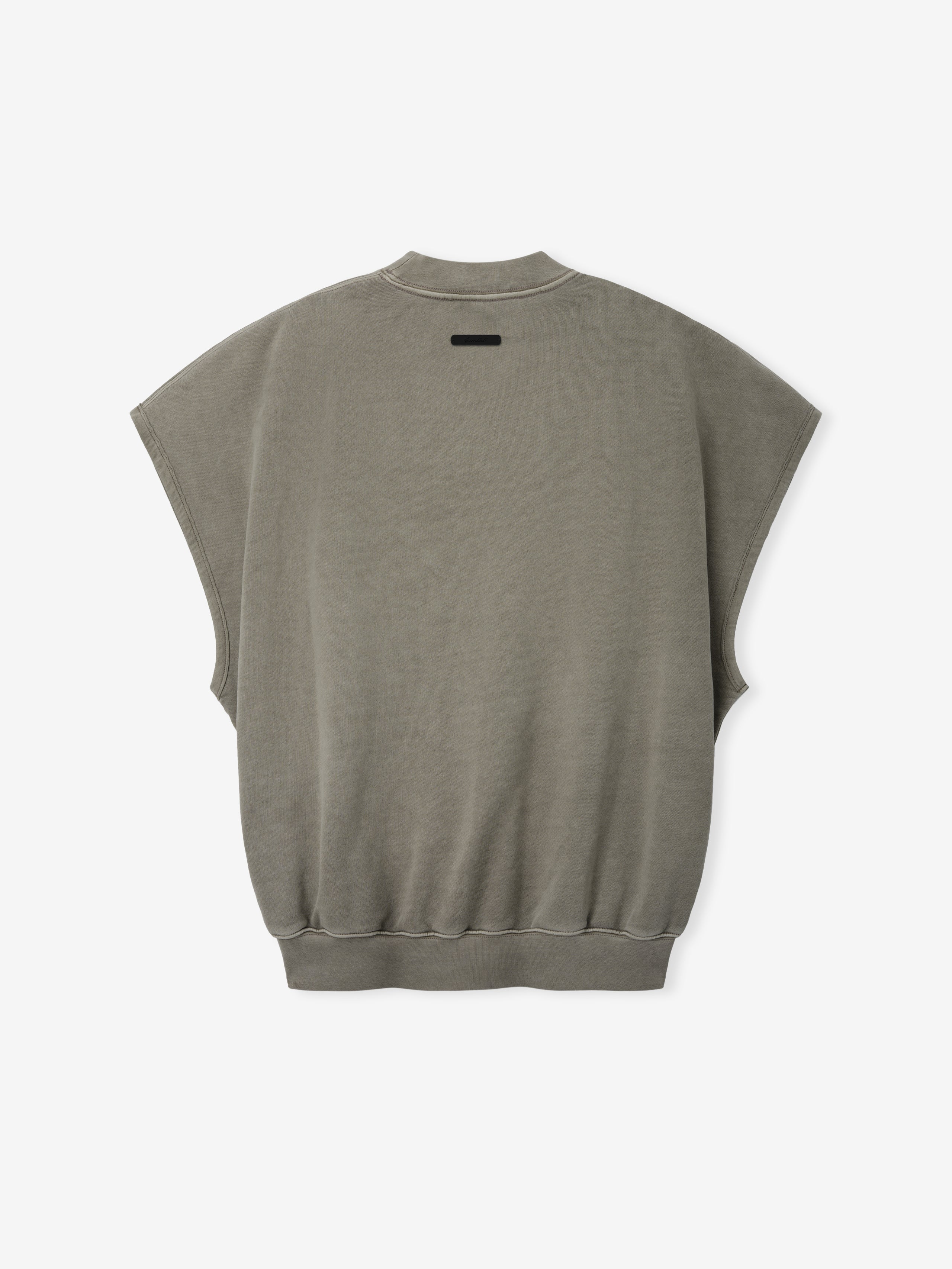 Relaxed Fleece Cutoff Sweatshirt in a muted washed green tone, featuring a sleeveless silhouette, ribbed crew neckline, and ribbed hem for comfortable casual layering.