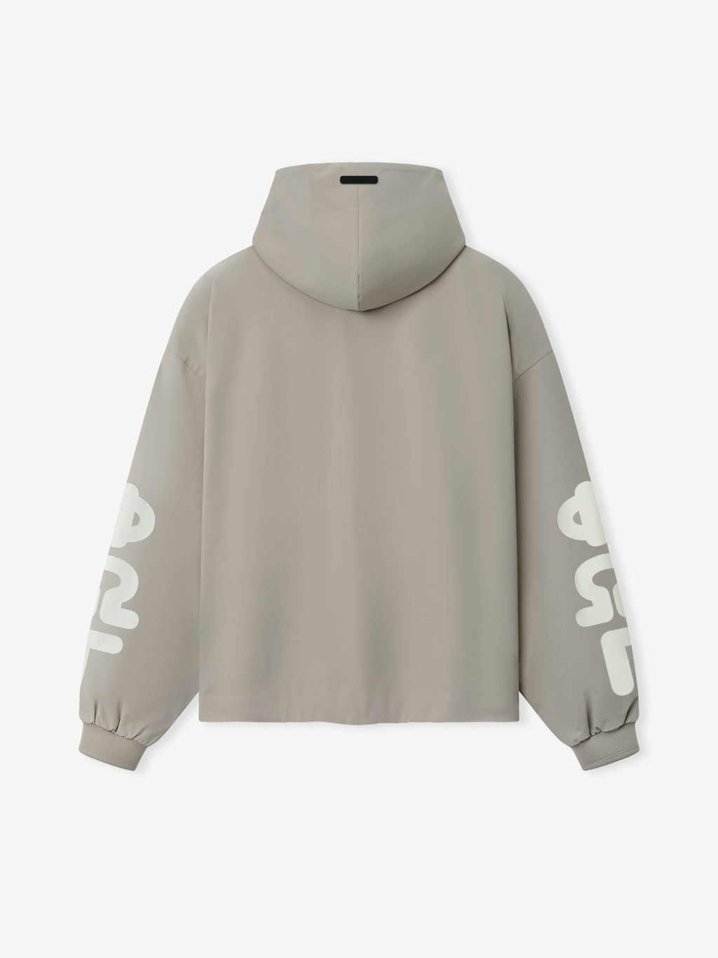 Full Zip Hooded Anorak in a muted seal gray featuring a minimalist back view with long sleeves, elastic cuffs, and bold graphic accents on the arms for distinctive outerwear style.