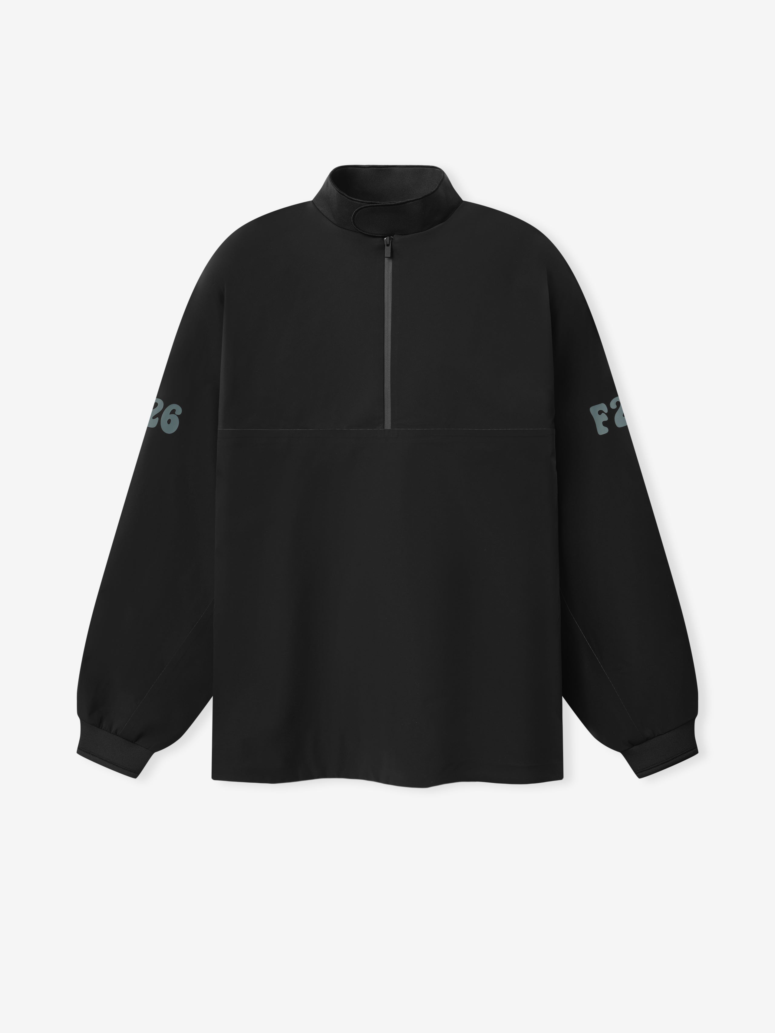 Half Zip Track Jacket in vintage black featuring a relaxed fit with long sleeves, a front half-zip closure, and subtle printed lettering on each arm for modern outerwear style.