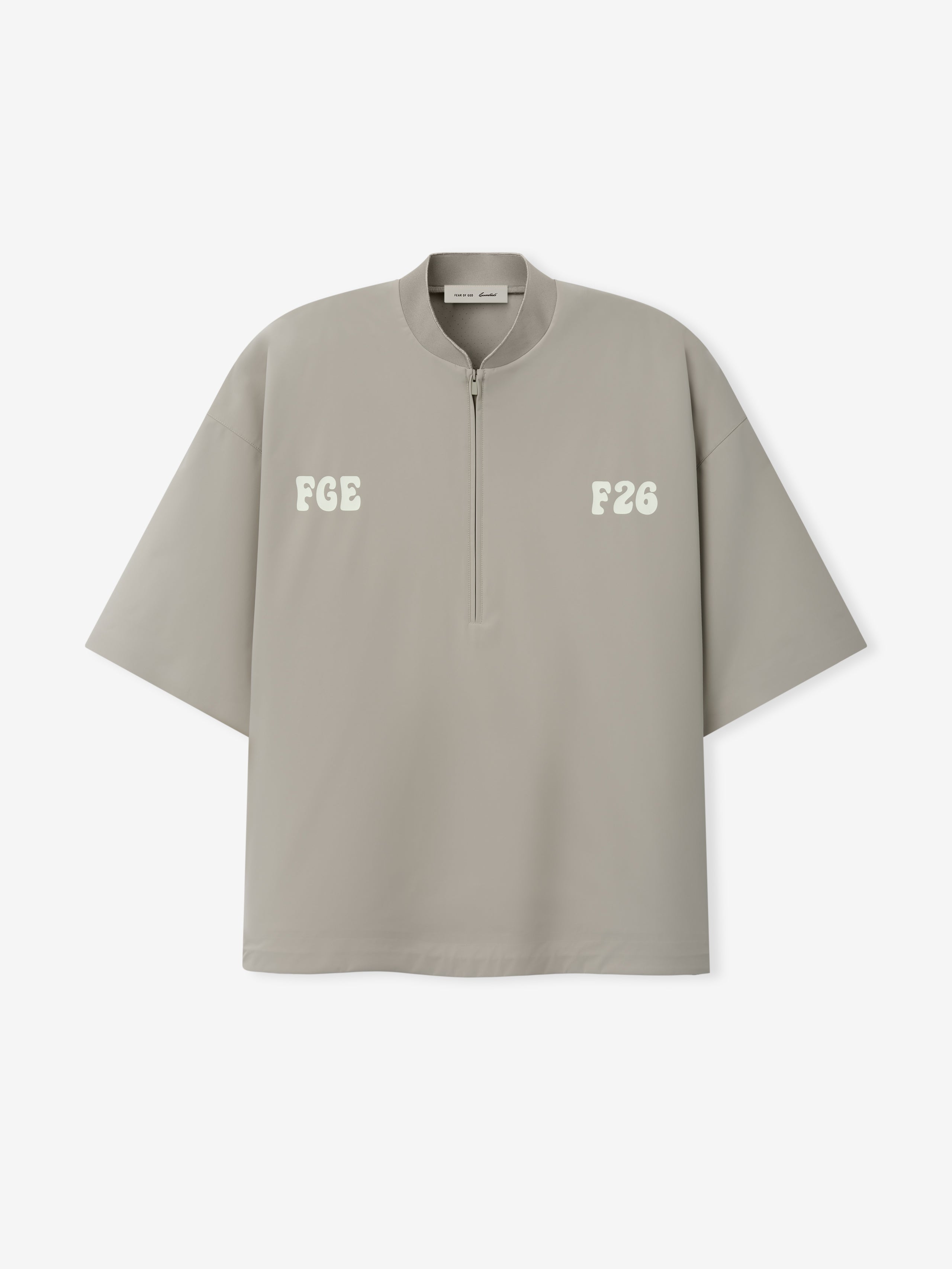 Half Zip Baseball Shirt in a muted neutral tone featuring a relaxed fit with half-zip closure, short sleeves, and tonal embroidered lettering for a minimalist casual top.
