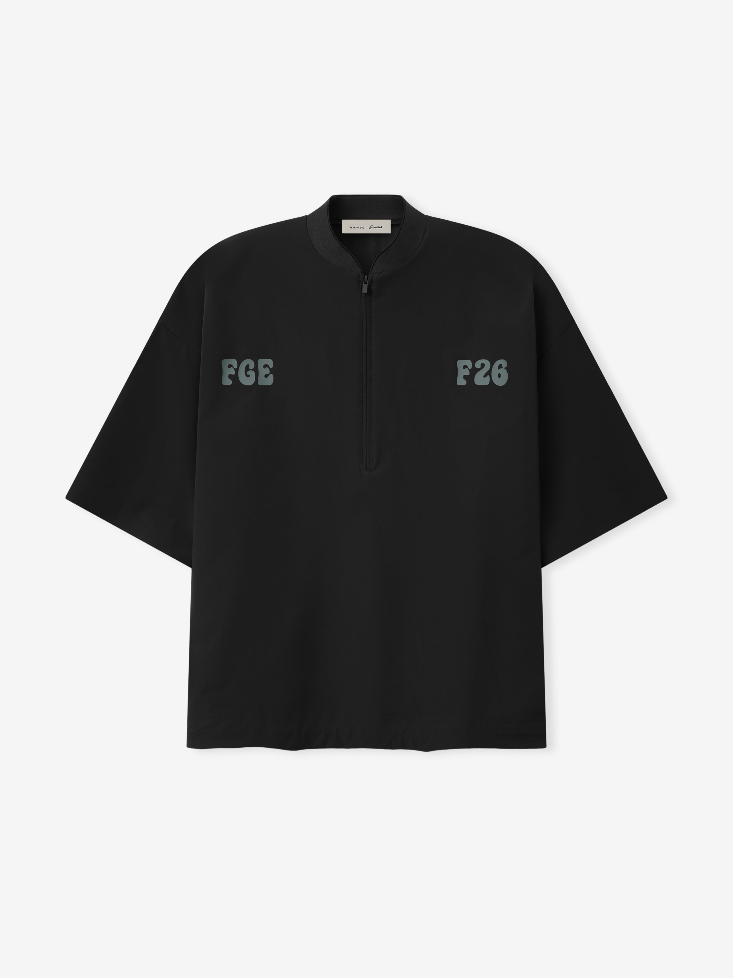 Half Zip Baseball Shirt in a deep black tone featuring a relaxed fit with short sleeves, a front half-zip closure, and subtle printed lettering for a modern casual look.