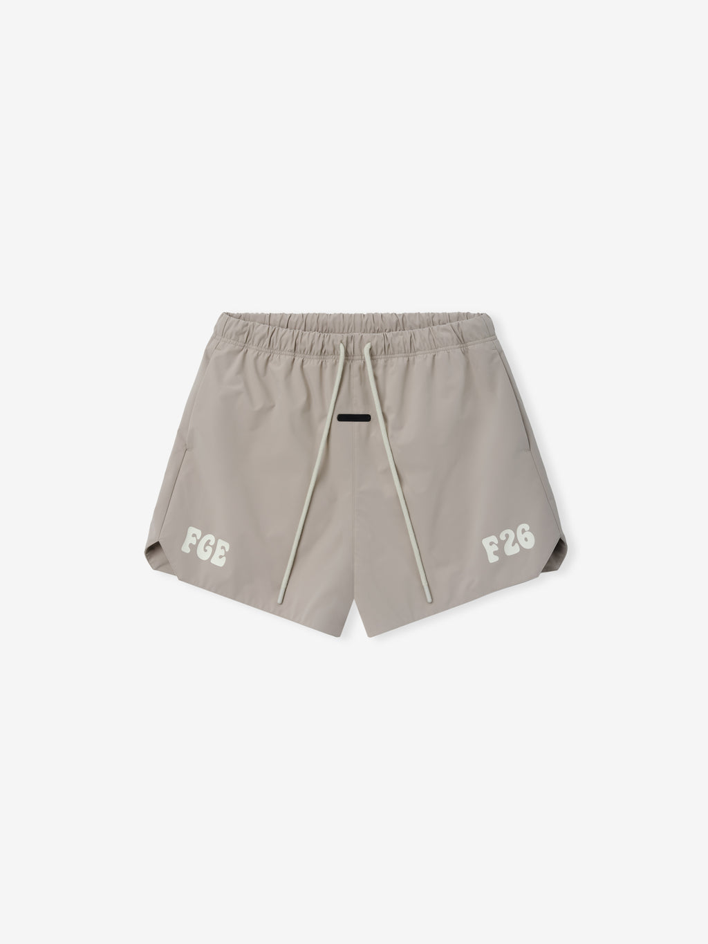 Gym Short in a muted neutral tone featuring an elastic waistband with drawstrings, side pockets, and subtle printed details for a casual and functional bottoms option.