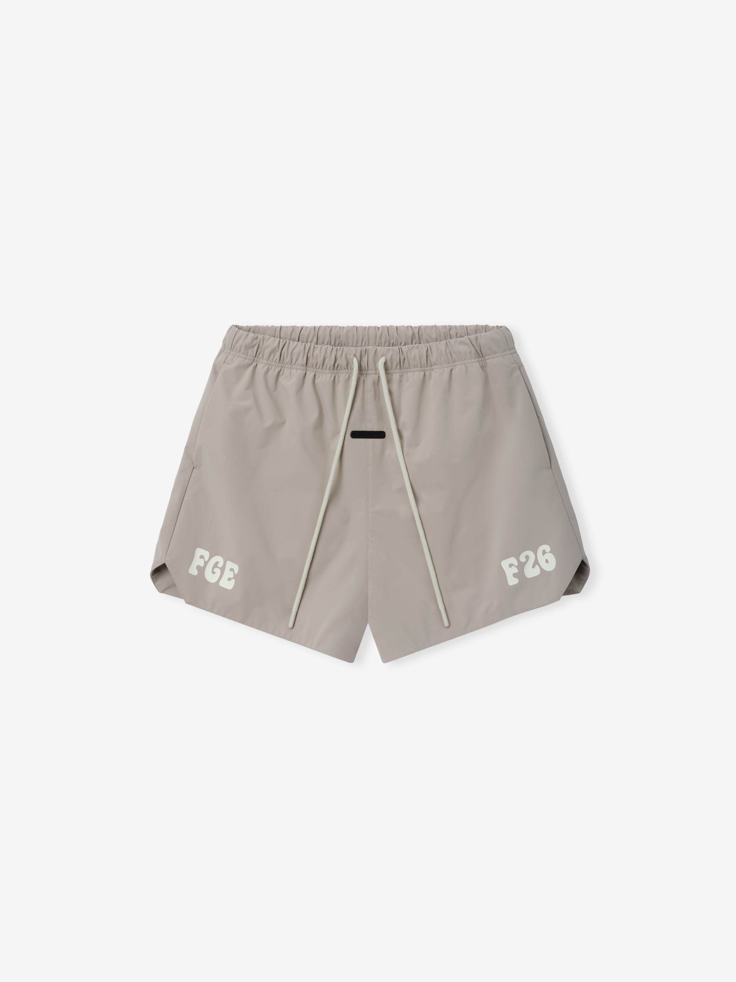 Gym Short in a muted neutral tone featuring an elastic waistband with drawstrings, side pockets, and subtle printed details for a casual and functional bottoms option.
