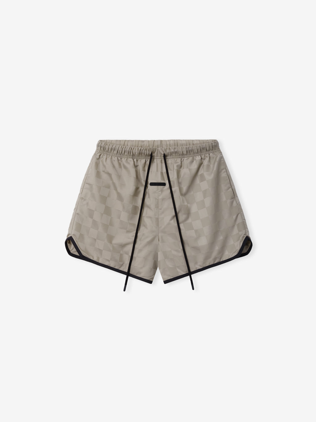 Nylon Checkered Gym Short in a muted beige tone featuring a subtle checkered pattern, elastic waistband with black drawstrings, and black trim along the hem for athletic bottoms.