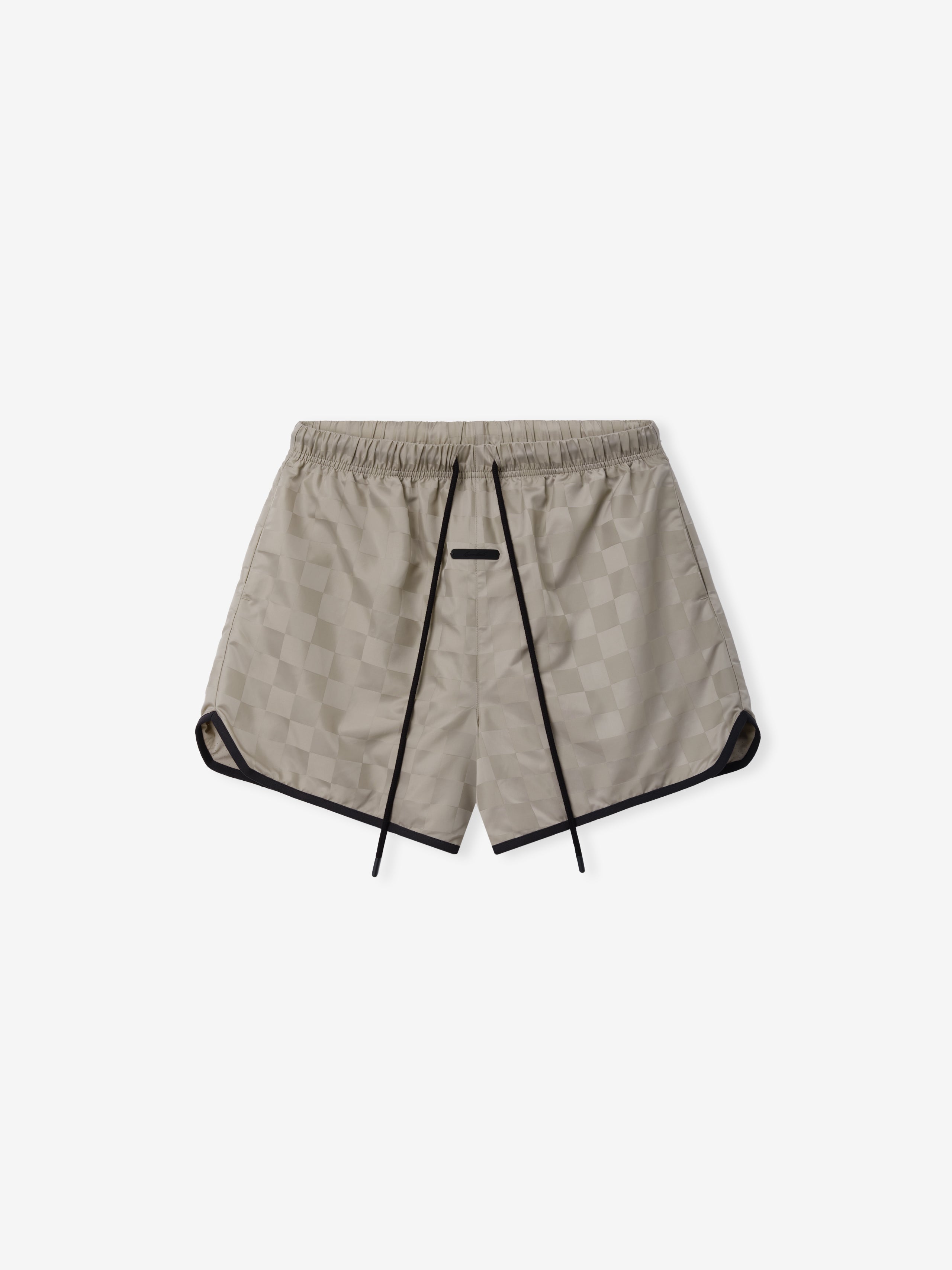 Nylon Checkered Gym Short in a muted beige tone featuring a subtle checkered pattern, elastic waistband with black drawstrings, and black trim along the hem for athletic bottoms.