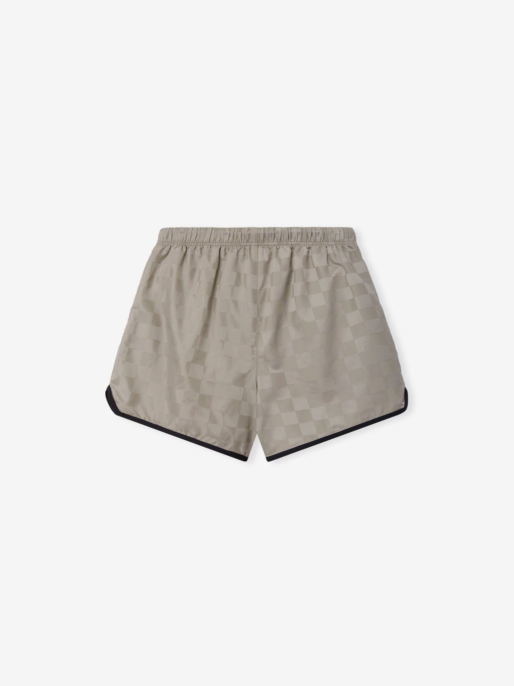 Nylon Checkered Gym Short in a light taupe shade featuring a subtle checkered design, elastic waistband, and black trim along the hem for stylish athletic bottoms.