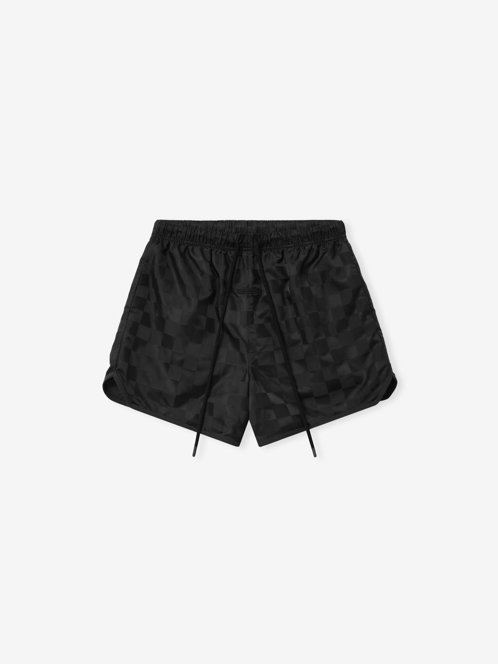 Nylon Checkered Gym Short in a deep black tone featuring a subtle checkered pattern, elastic waistband, and long black drawstrings for adjustable fit on athletic bottoms.