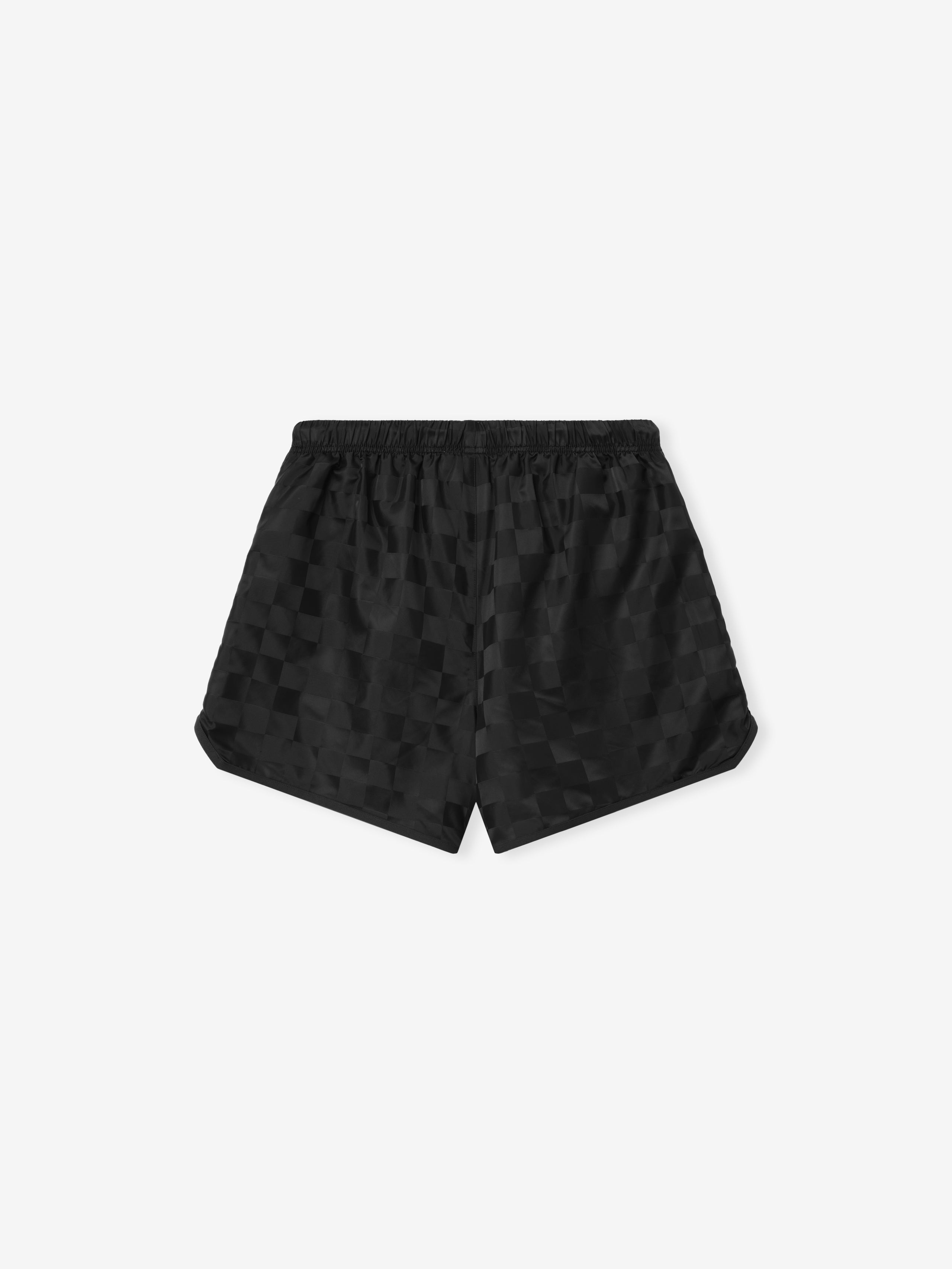 Nylon Checkered Gym Short in a vintage black shade featuring a subtle checkered pattern, elastic waistband, and a relaxed fit for comfortable athletic bottoms.