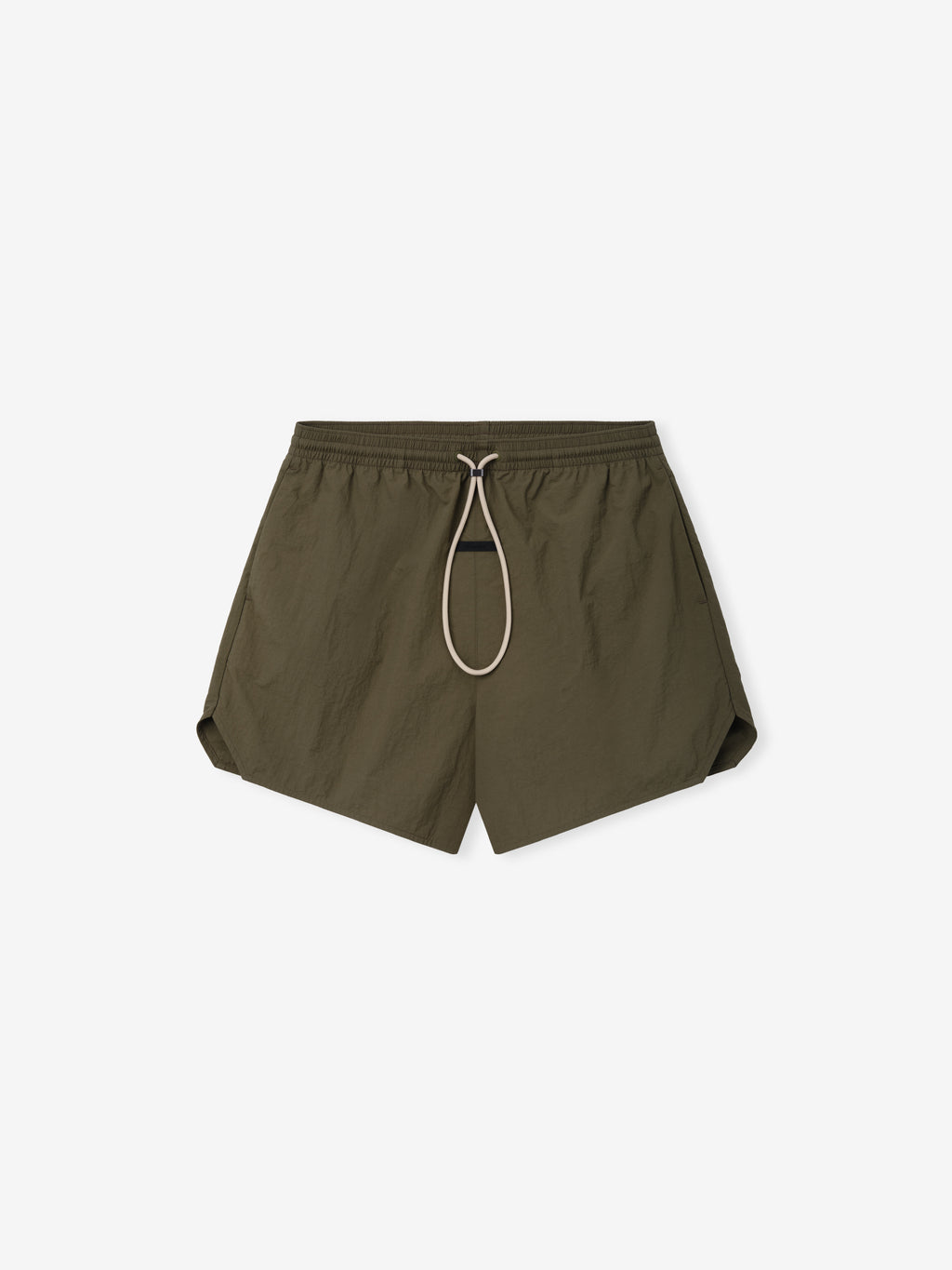 Nylon Swim Short in an earthy moss green tone, featuring a relaxed fit with an elastic waistband and contrasting beige drawstrings for adjustable comfort and a sleek, minimal design.