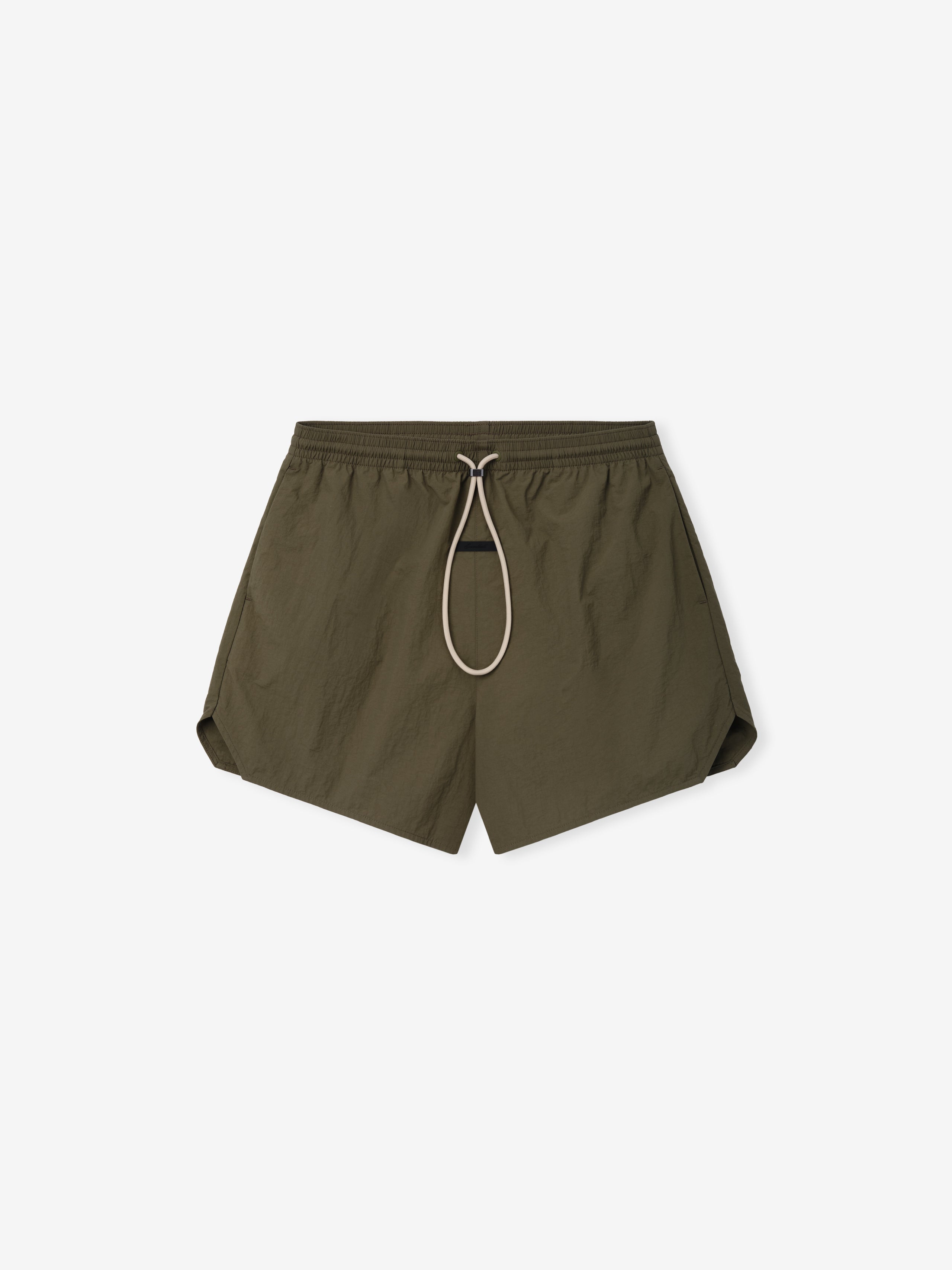 Nylon Swim Short in an earthy moss green tone, featuring a relaxed fit with an elastic waistband and contrasting beige drawstrings for adjustable comfort and a sleek, minimal design.