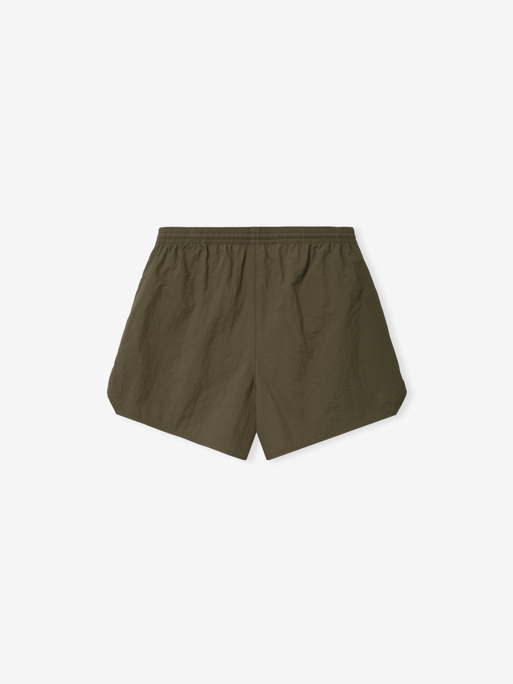 Nylon Swim Short in a muted olive green with a minimalist design, featuring a comfortable elastic waistband and a relaxed silhouette ideal for casual, water-friendly wear.