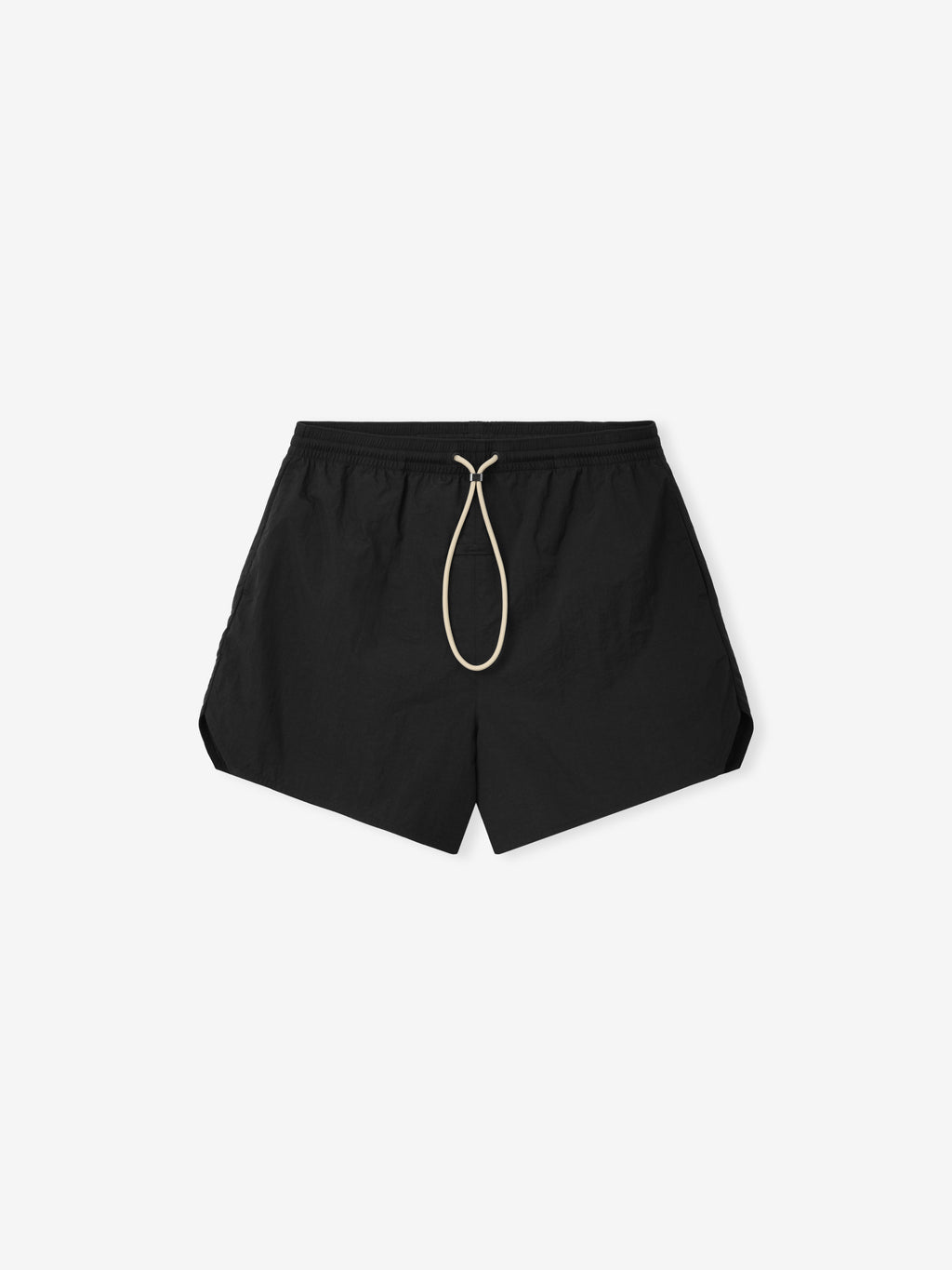 Nylon Swim Short in classic black with a streamlined silhouette, featuring an elastic waistband and contrasting beige drawstrings for adjustable fit and subtle style.