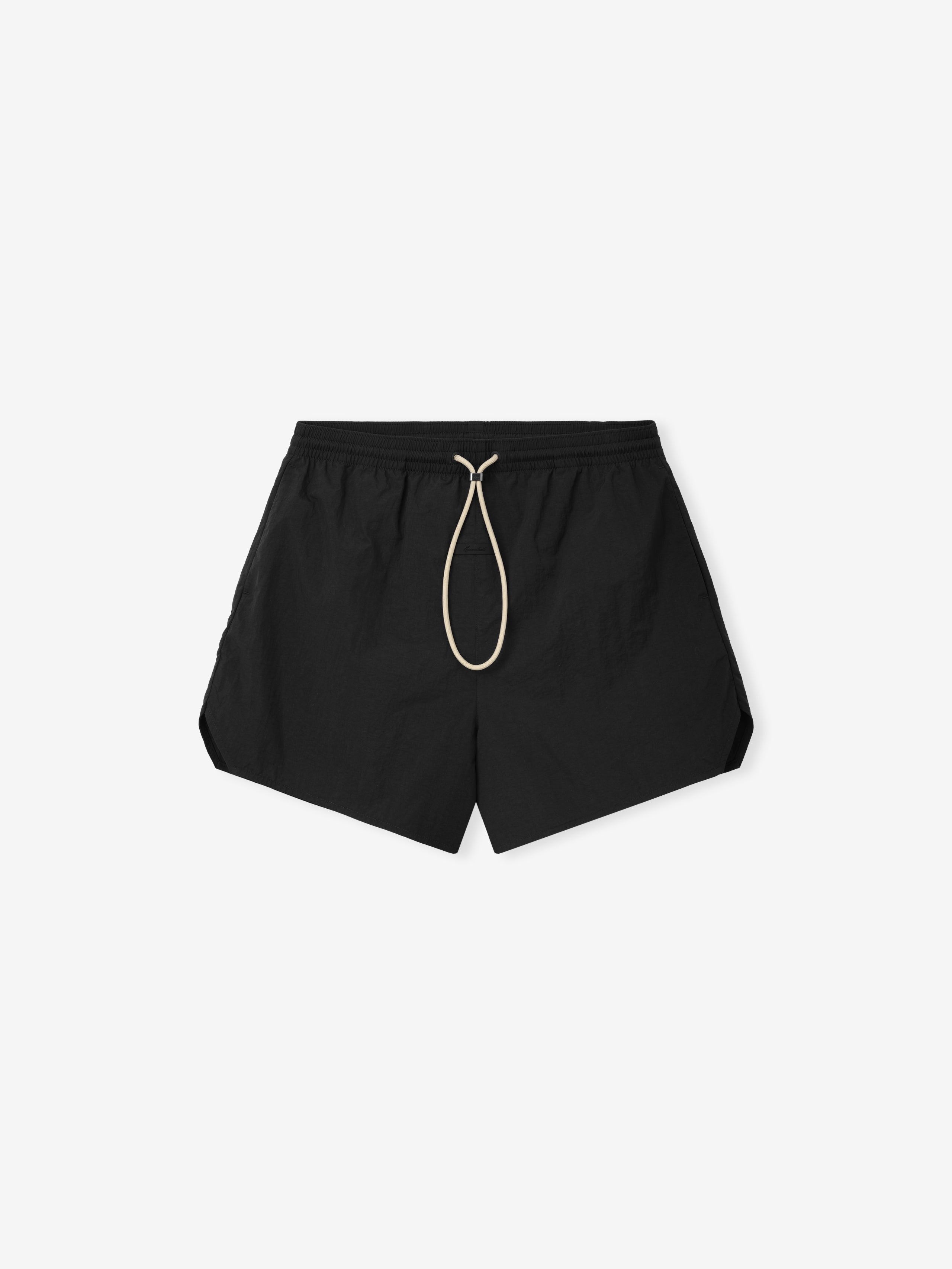 Nylon Swim Short in classic black with a streamlined silhouette, featuring an elastic waistband and contrasting beige drawstrings for adjustable fit and subtle style.