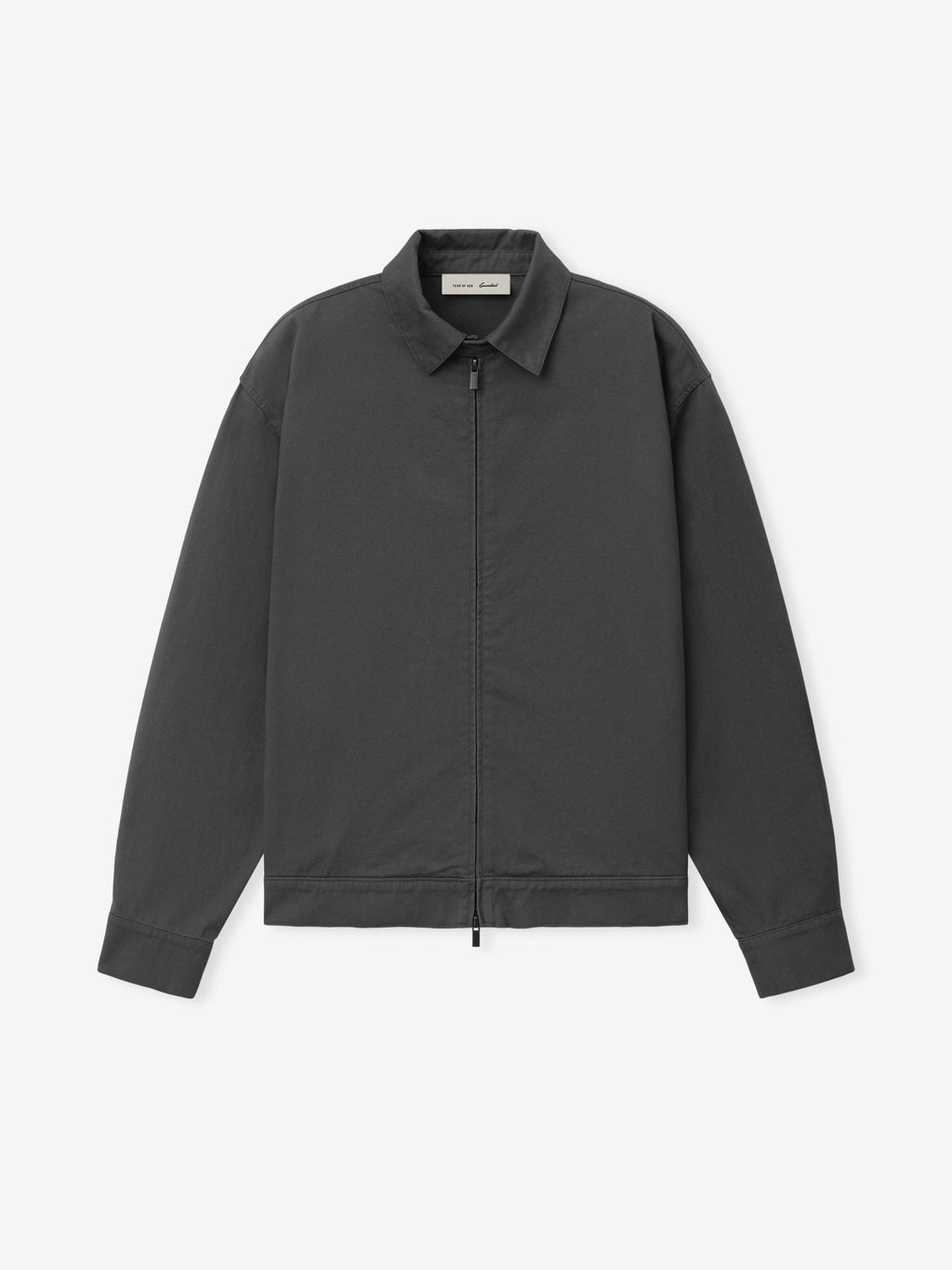 Cotton Twill Work Jacket in muted iron grey featuring a classic collar, full front zipper, and long sleeves, designed as durable outerwear with a clean, minimalist style.