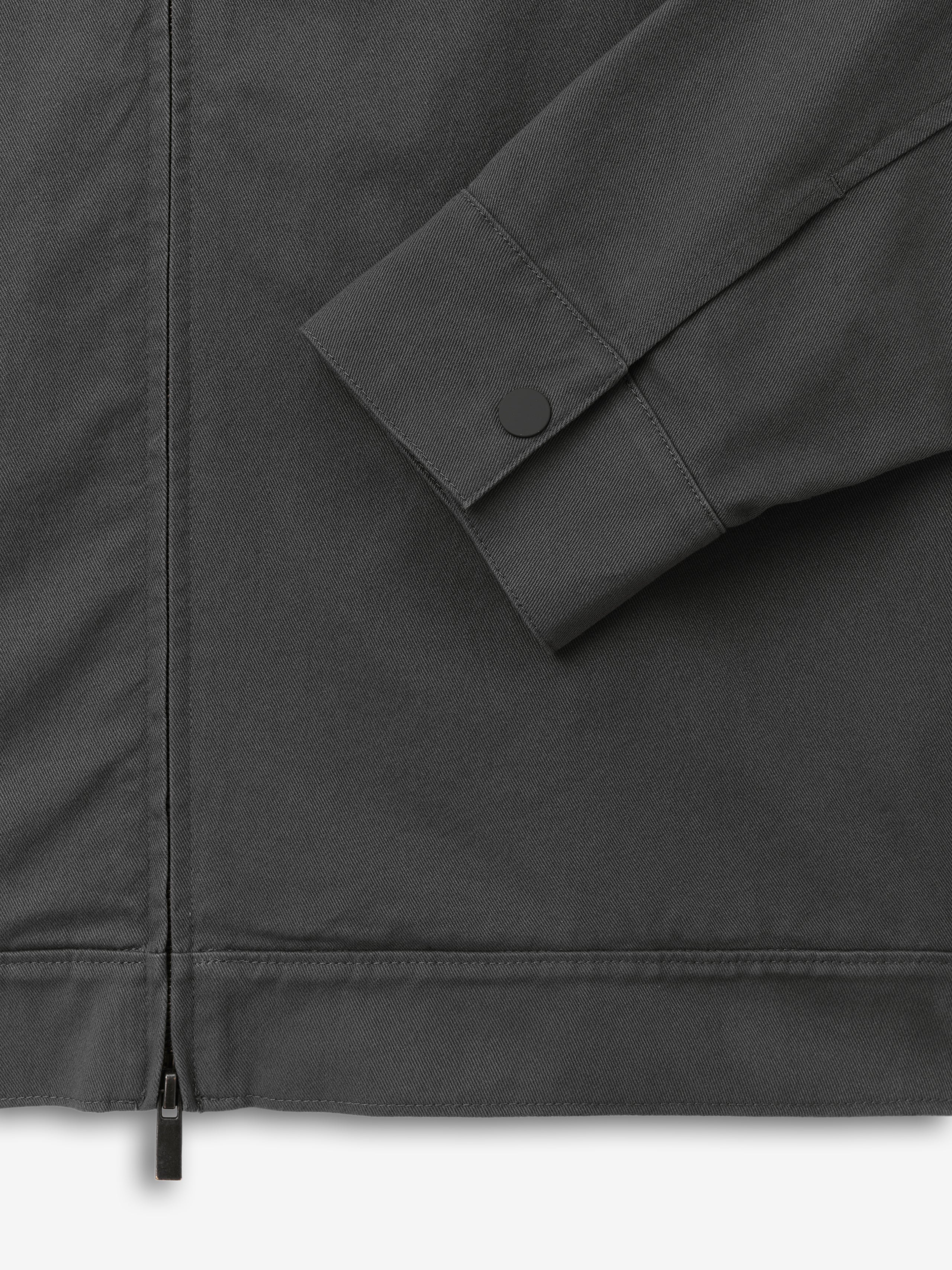 Cotton Twill Work Jacket in dark grey with a close-up of the sleeve featuring a snap button cuff and a visible zipper detail, highlighting durable, premium outerwear craftsmanship.