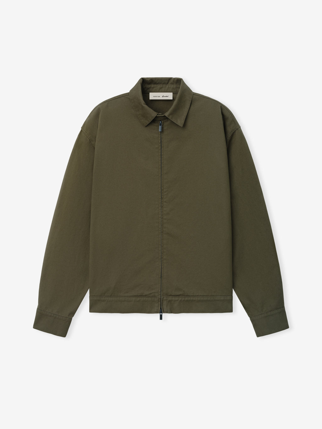 Cotton Twill Work Jacket in olive green featuring a streamlined silhouette with a full front zipper and classic collar, designed as durable and versatile outerwear.