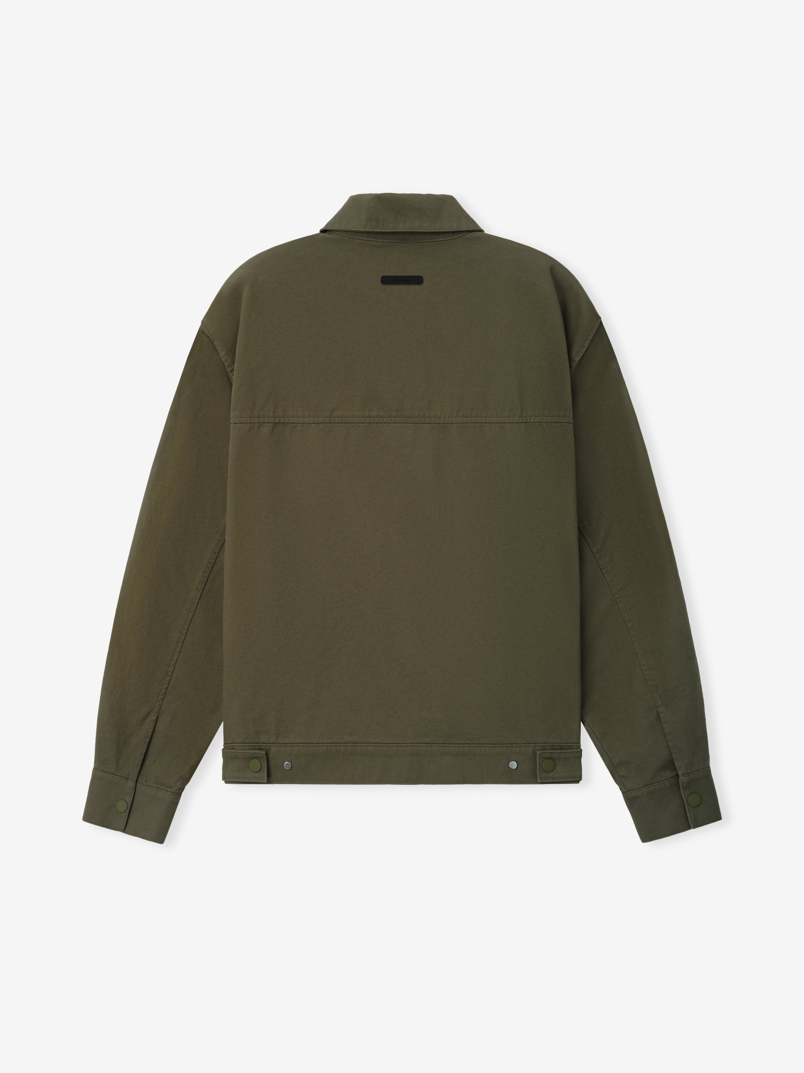 Cotton Twill Work Jacket in deep moss green, shown from the back with a classic collar, buttoned cuffs, adjustable hem tabs, and clean, structured outerwear design.