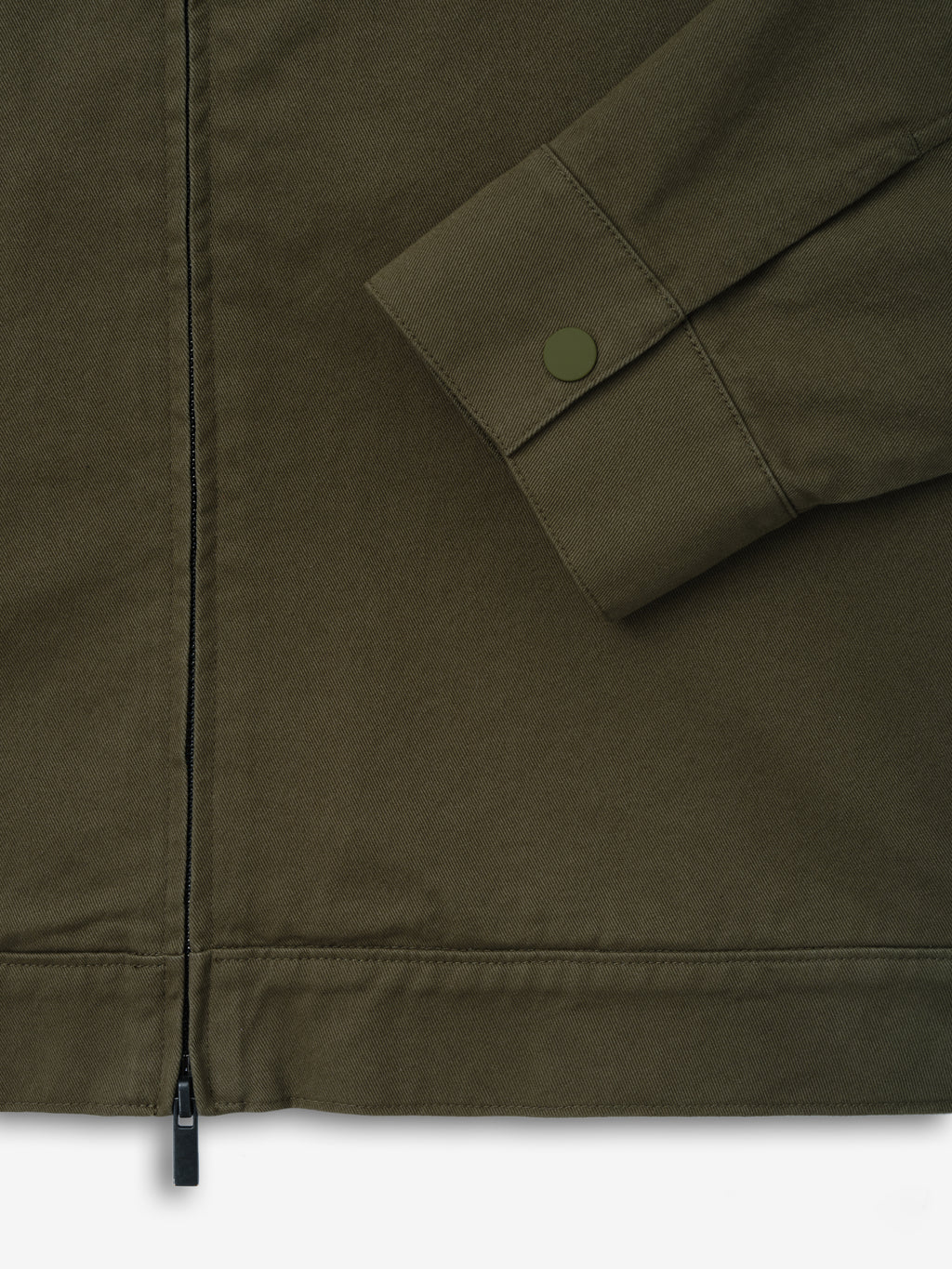 Cotton Twill Work Jacket in muted moss green, featuring a detailed close-up of the sleeve cuff with a snap button and visible front zipper, highlighting durable outerwear design.