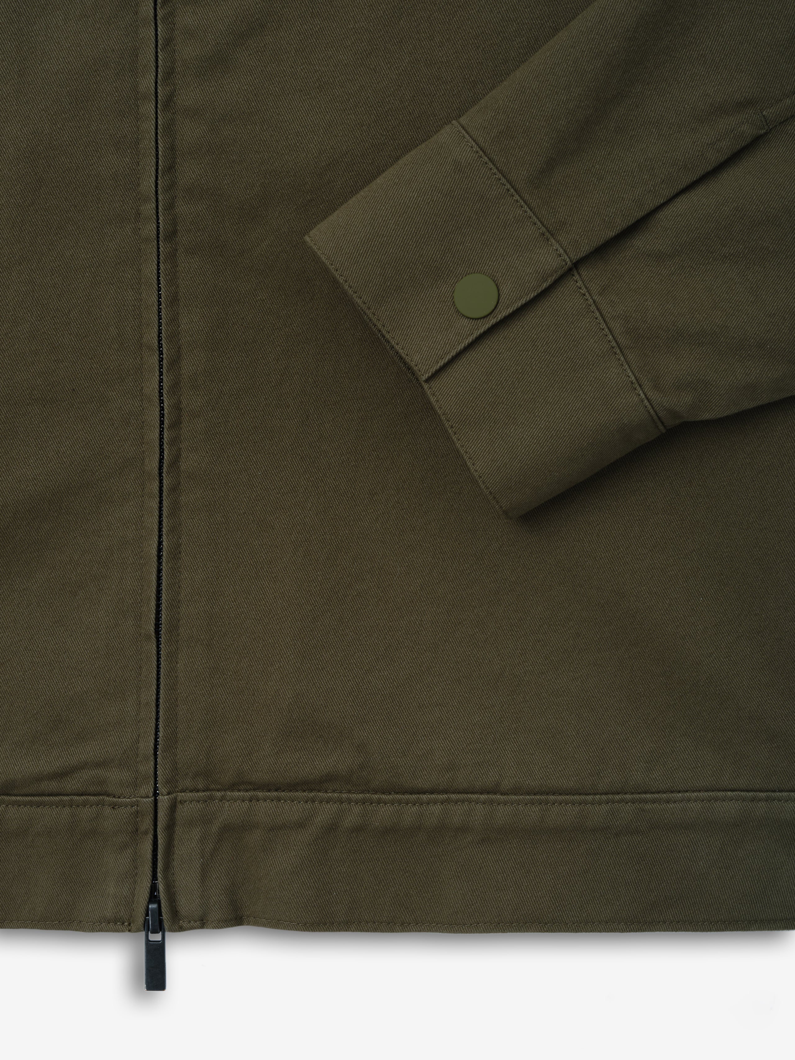 Cotton Twill Work Jacket in muted moss green, featuring a detailed close-up of the sleeve cuff with a snap button and visible front zipper, highlighting durable outerwear design.