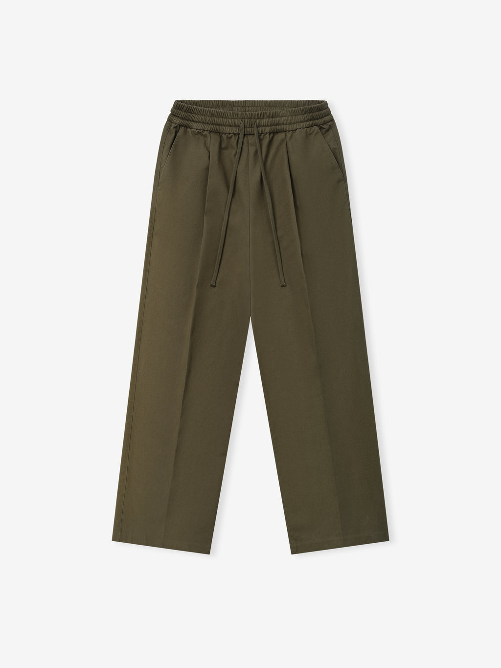 Cotton Twill Pleat Front Drawstring Pant in a muted moss green shade, designed with a pleated front, elastic waistband with adjustable drawstring, and relaxed straight leg fit for versatile bottoms.