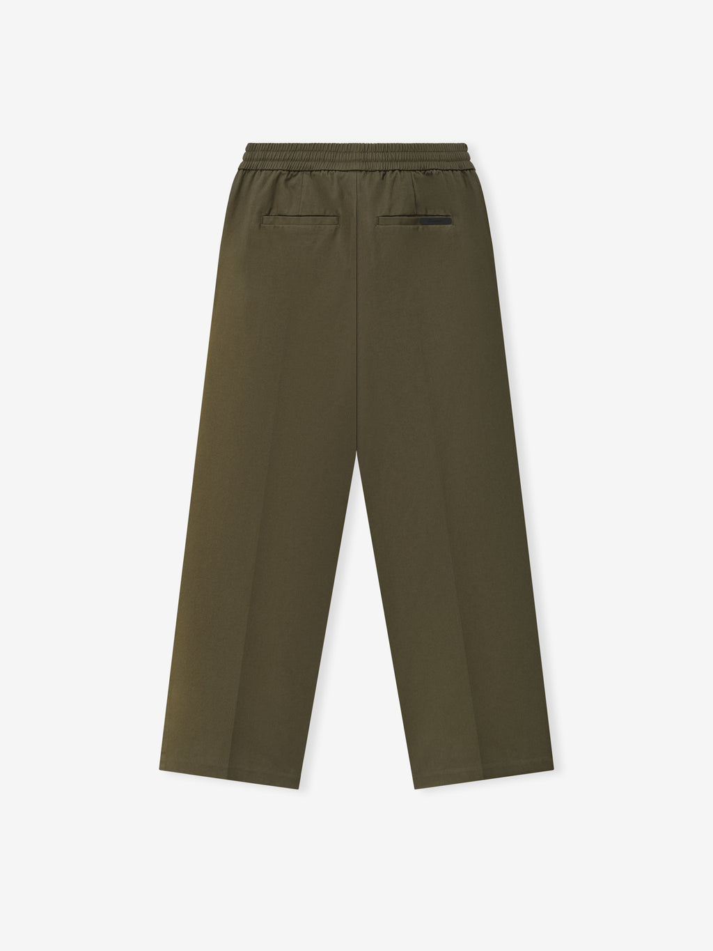 Cotton Twill Pleat Front Drawstring Pant in an earthy olive green, designed with back welt pockets, an elastic waistband with adjustable drawstring, and a relaxed straight leg fit for casual bottoms.
