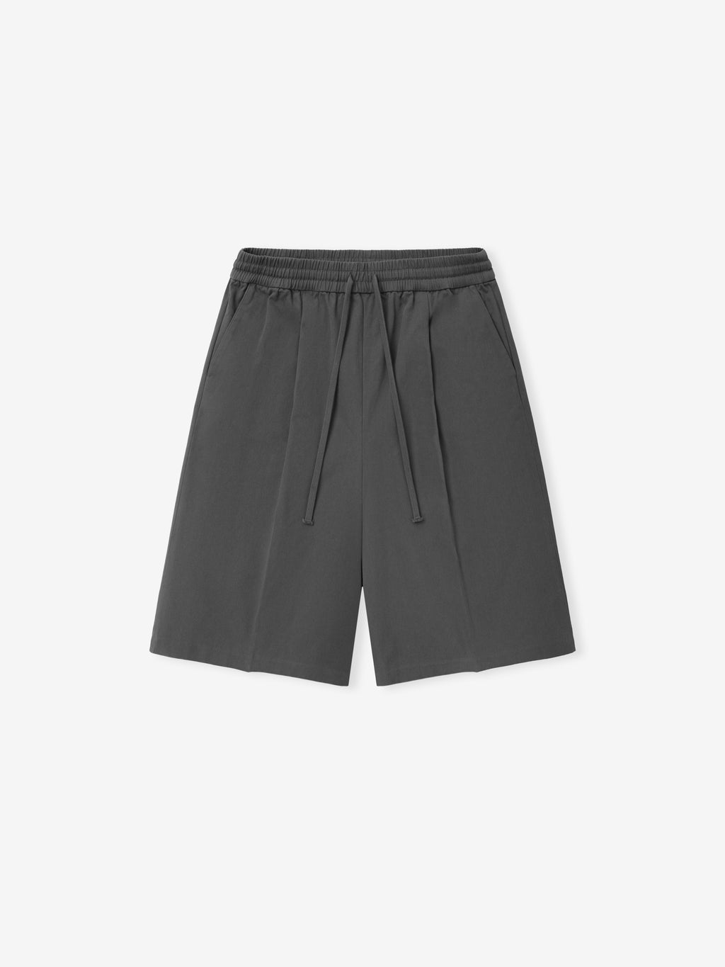 Cotton Twill Relaxed Drawstring Short in a deep grey shade, featuring an elastic waistband with adjustable drawstrings, pleated front, and side pockets for a comfortable casual bottom.