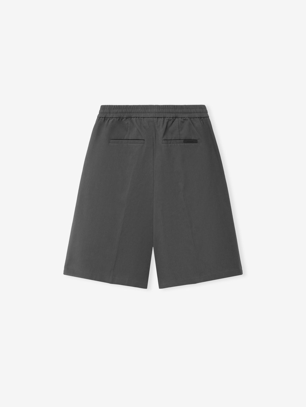Cotton Twill Relaxed Drawstring Short in a muted iron grey tone, featuring an elastic waistband, two rear welt pockets, and a relaxed fit designed for comfortable casual bottoms.