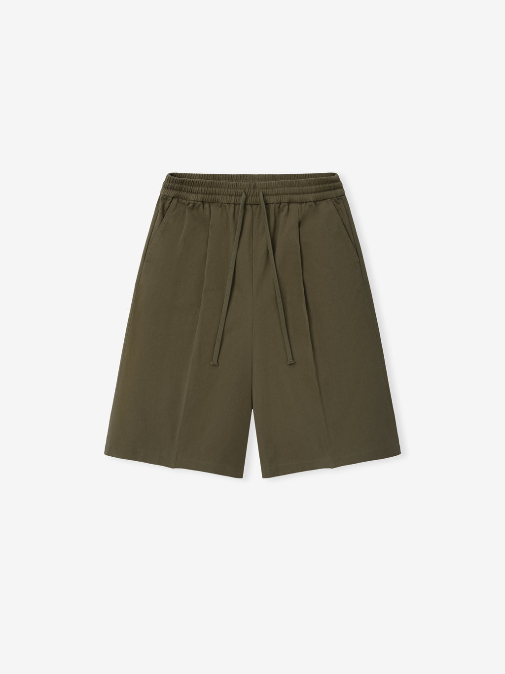 Cotton Twill Relaxed Drawstring Short in an earthy olive green, featuring an elastic waistband with adjustable drawstrings and a relaxed fit for comfortable casual bottoms.