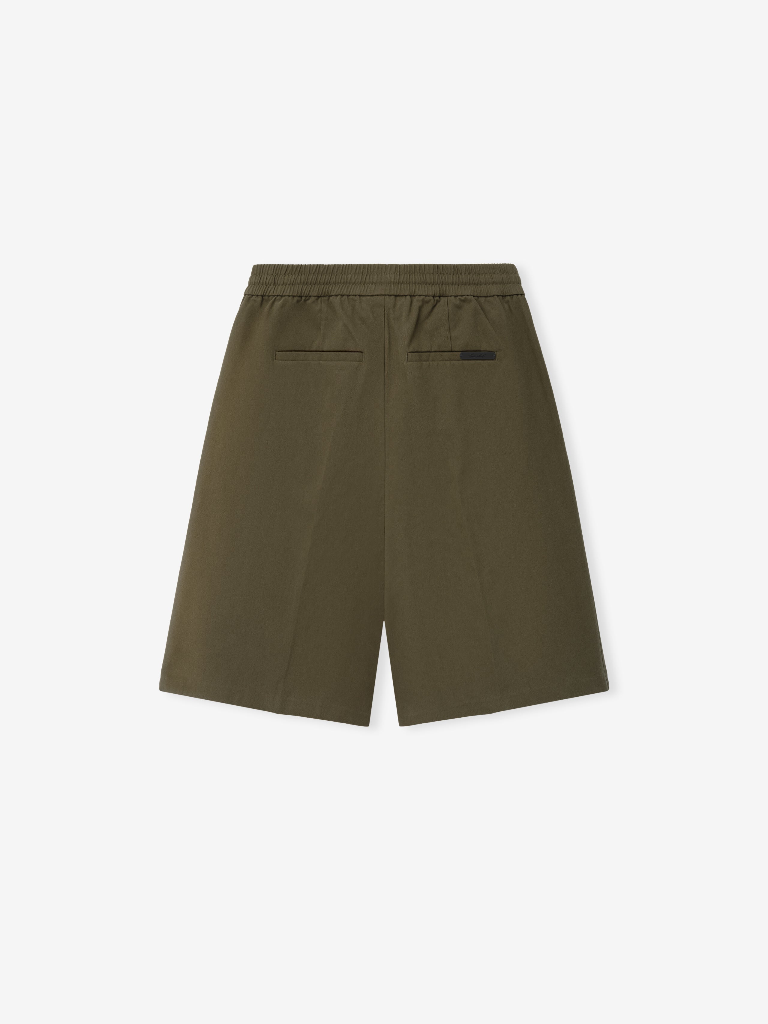 Cotton Twill Relaxed Drawstring Short in a muted moss green tone, featuring an elastic waistband, back welt pockets, and a roomy fit for comfortable casual bottoms.
